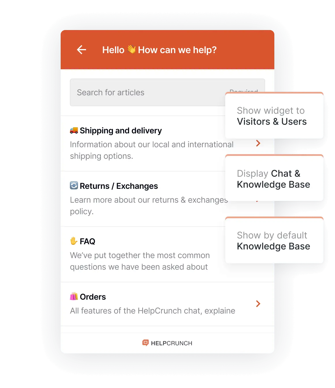 Knowledge base integrated into the live chat widget by HelpCrunch