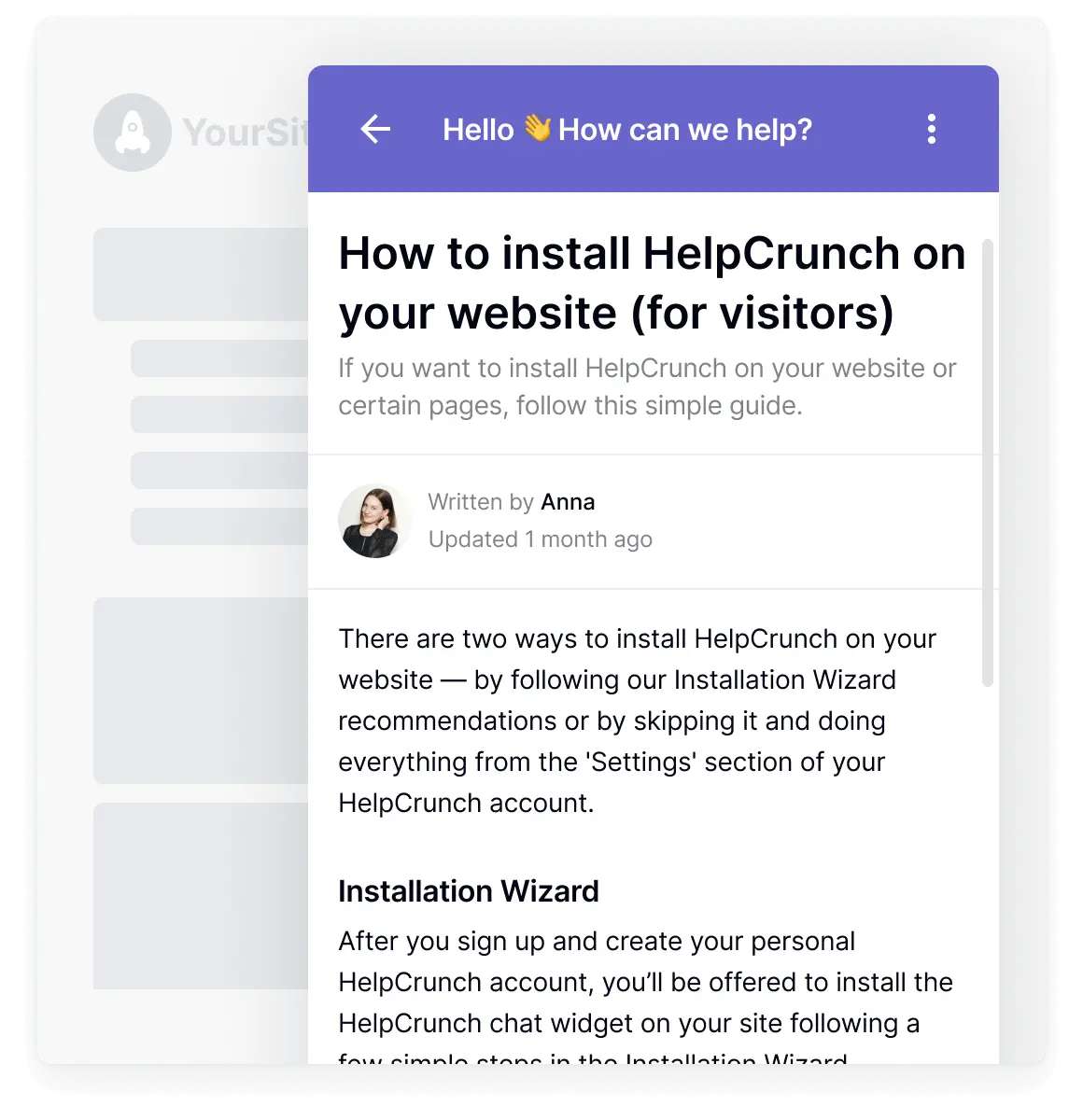 Knowledge base article in the HelpCrunch chat widget