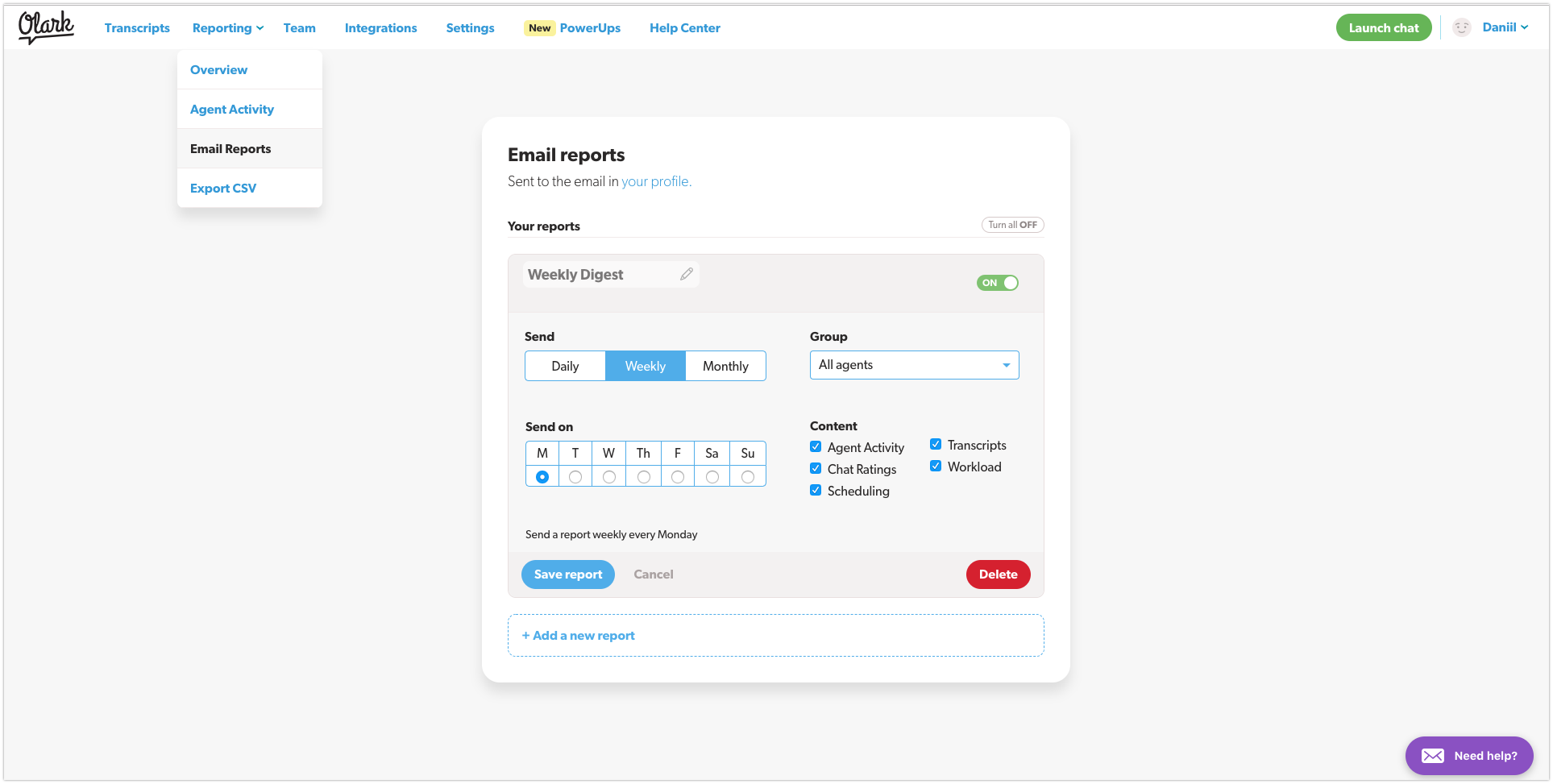 Olark email reports
