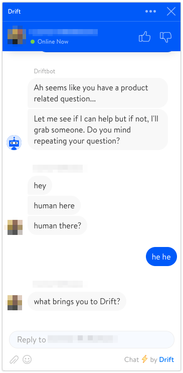Drift live chat conversation with sales agent