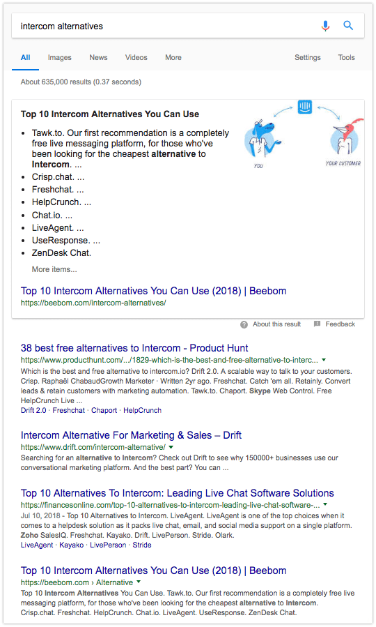 Intercom alternatives - screenshot Google search results