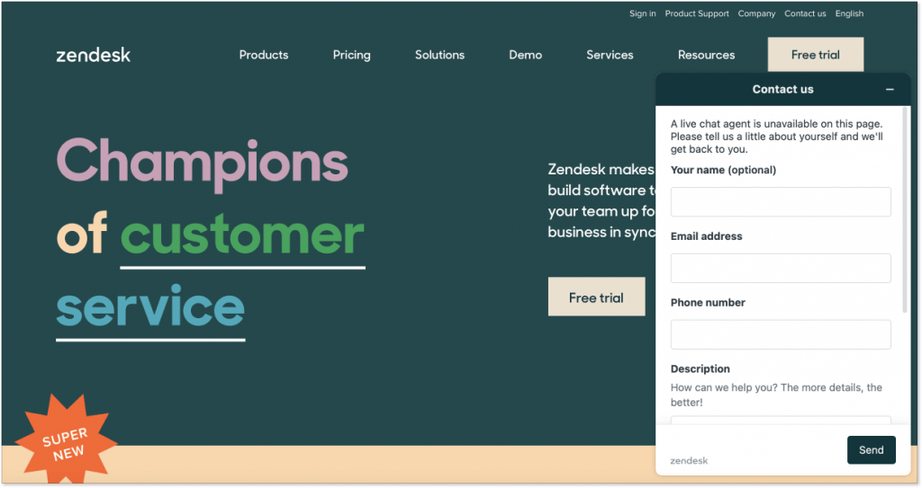 Zendesk landing page