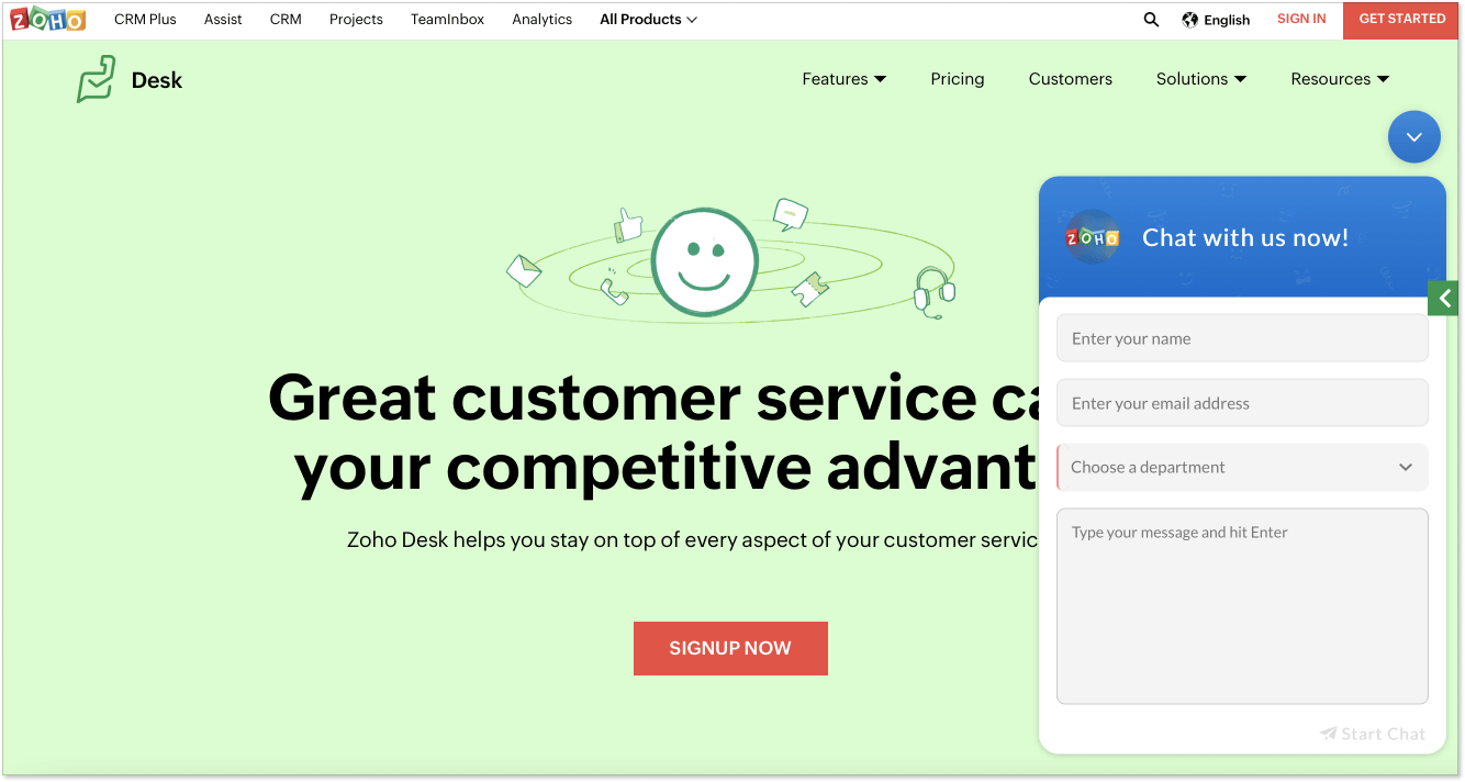 Zoho desk landing page