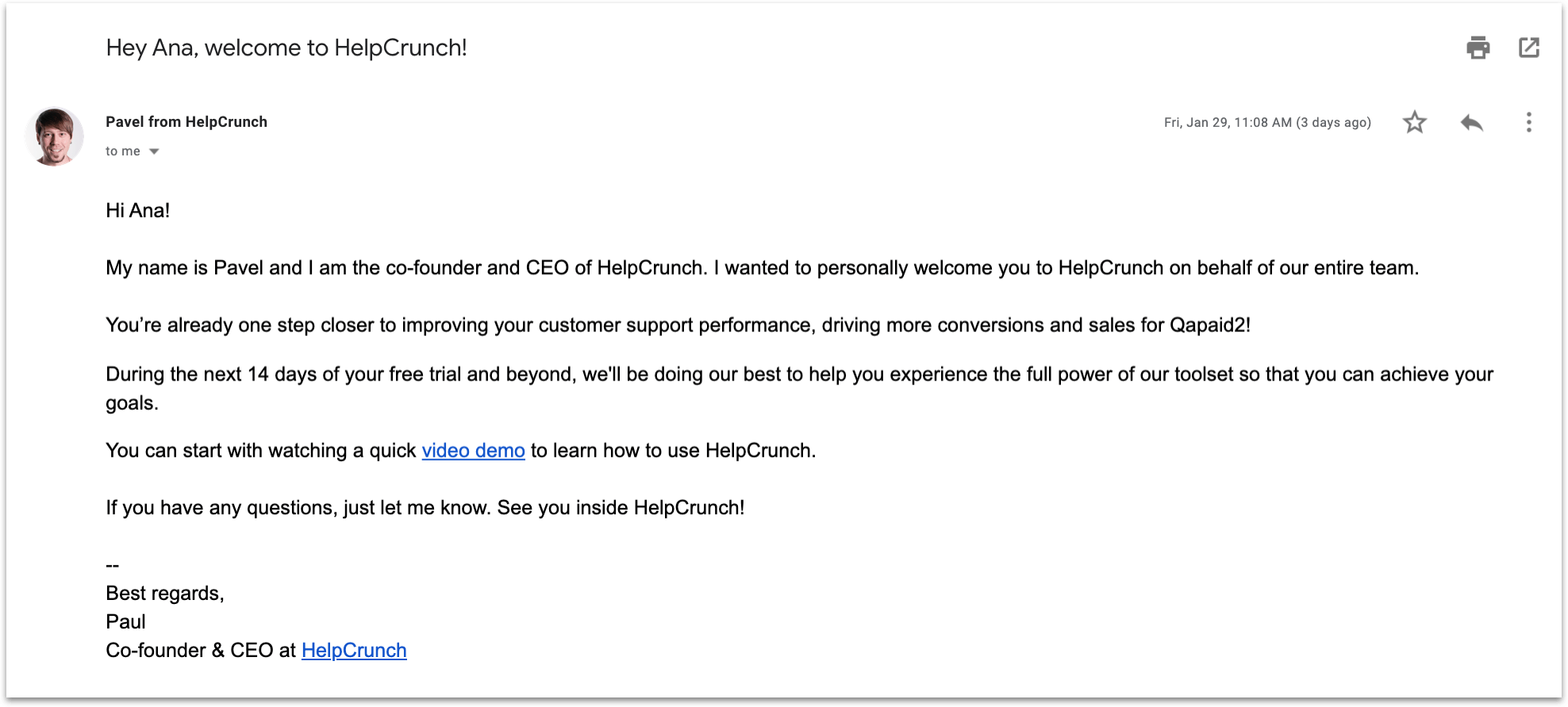 Welcome message - HelpCrunch