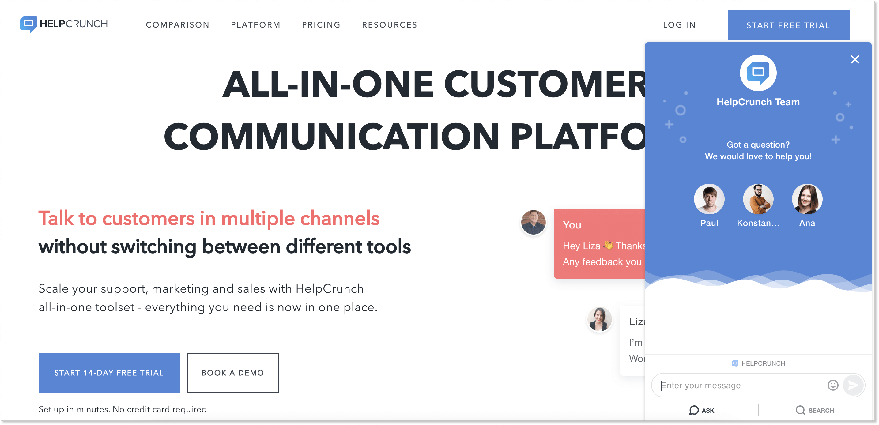 HelpCrunch homepage + live chat widget