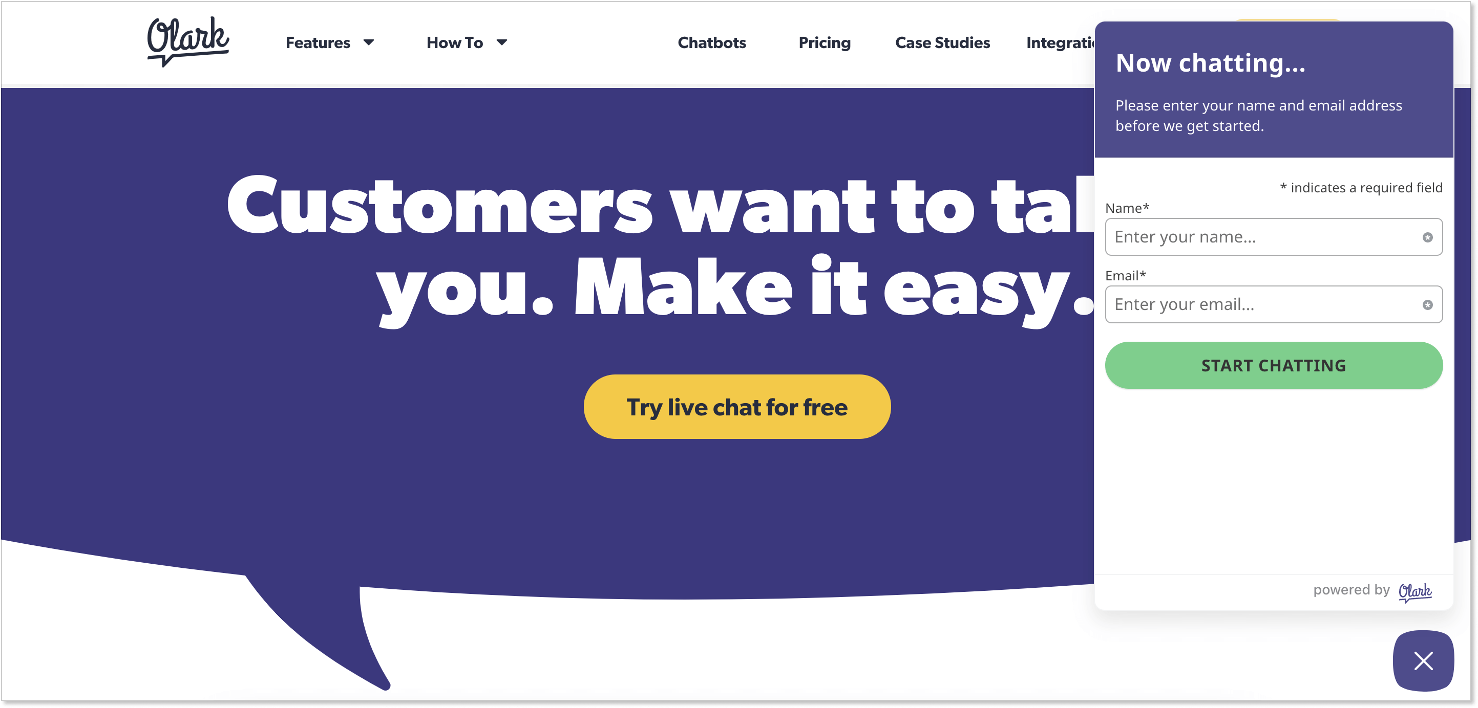 Olark homepage with live chat widget