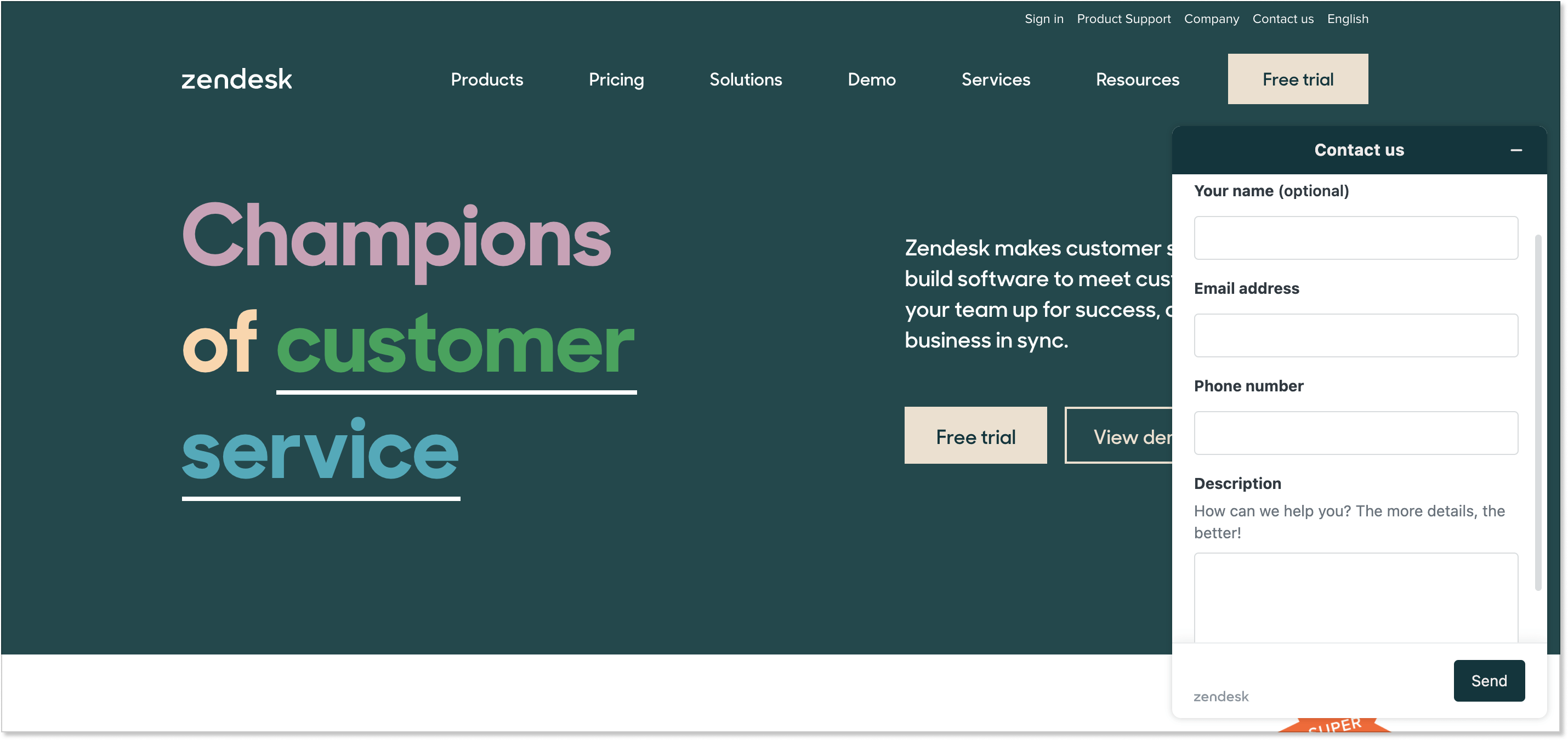 Zendesk homepage + live chat widget