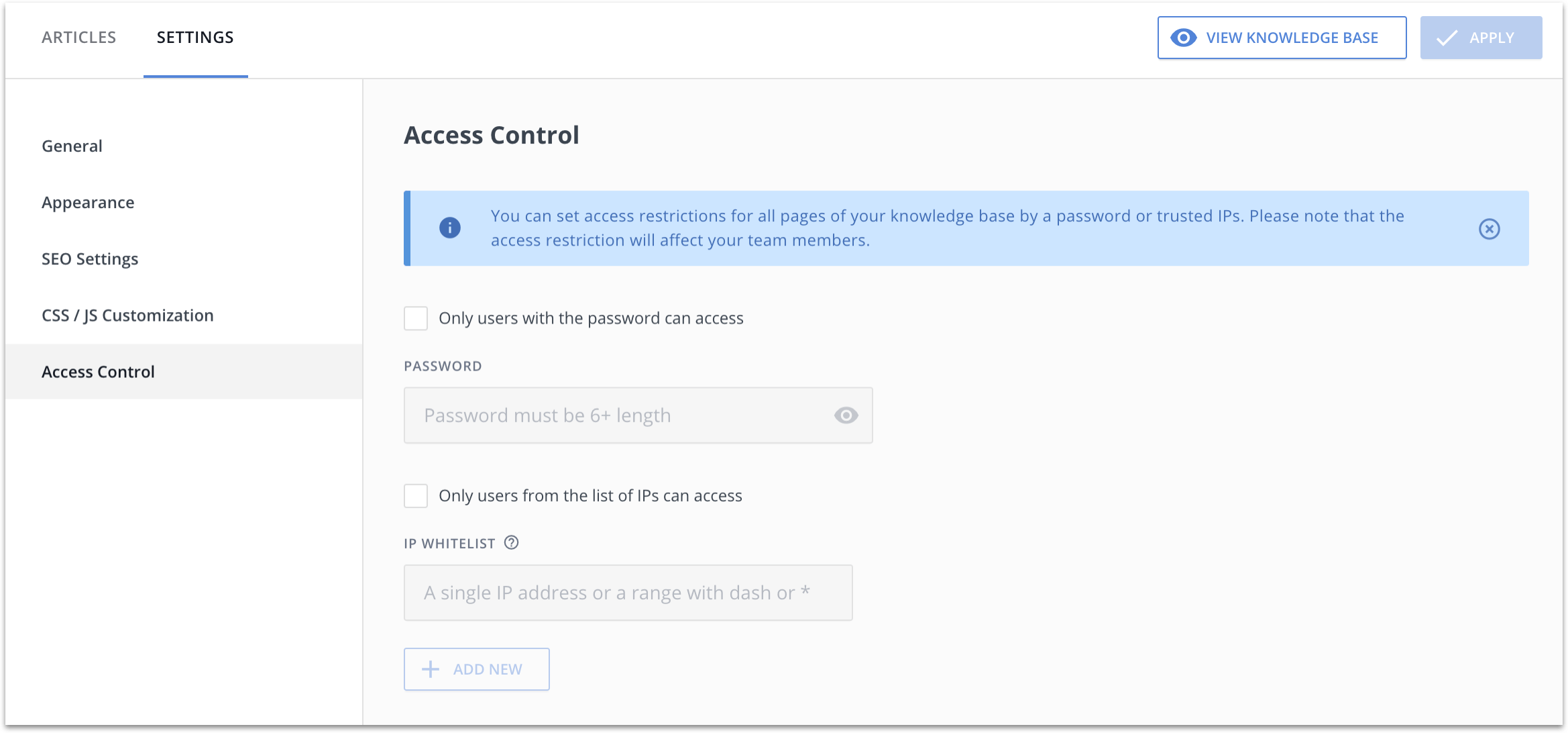 how to set up knowledge base access control