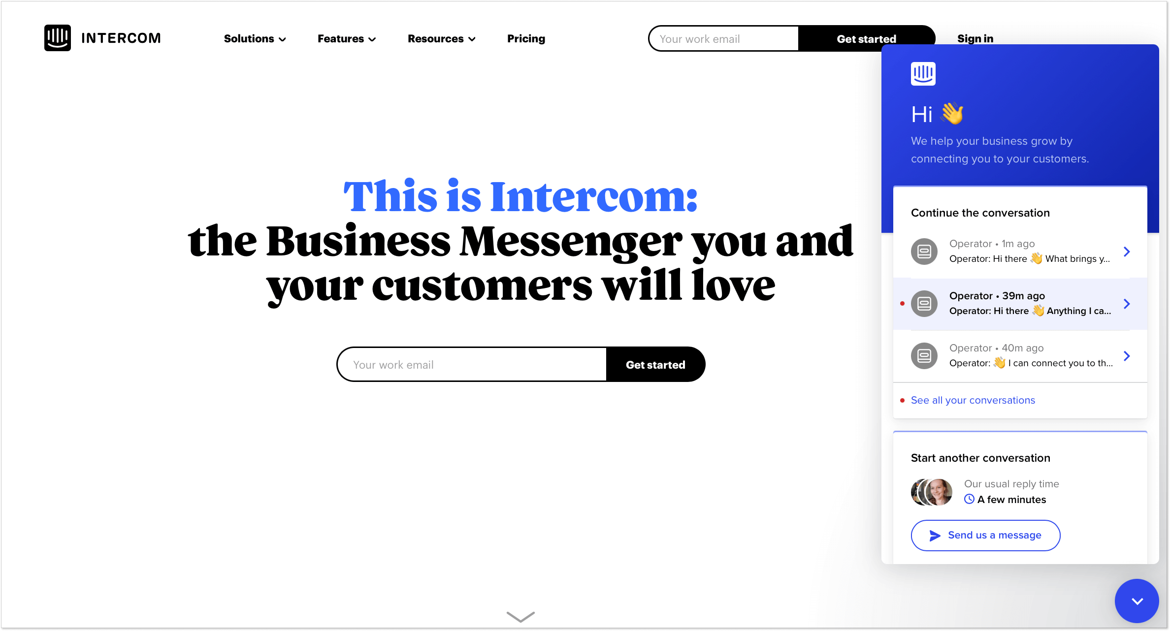 Intercome homepage with a live chat widget