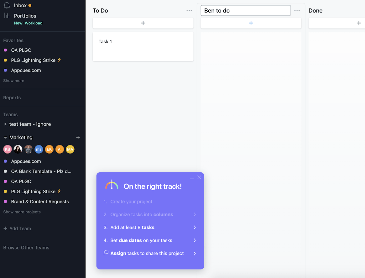 SaaS onboarding: Asana in-product checklist