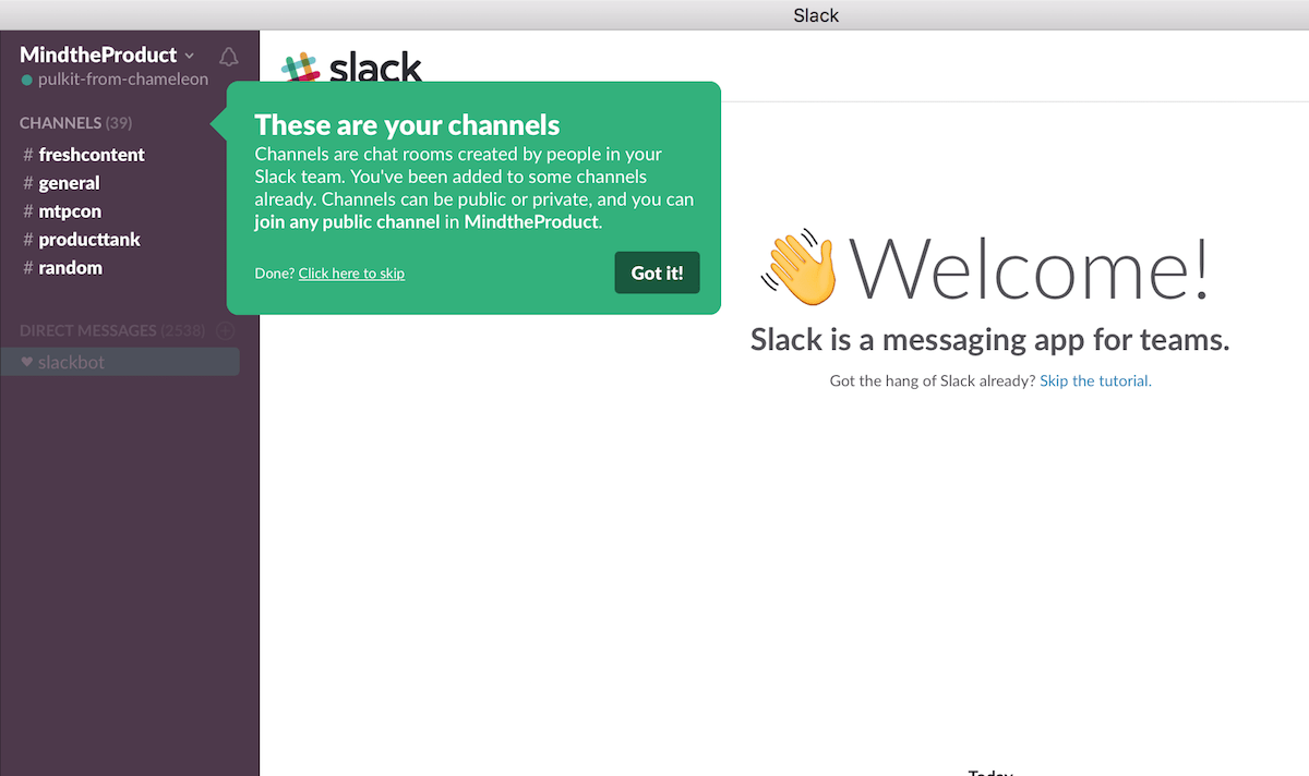 Slack onboarding: in-app tips