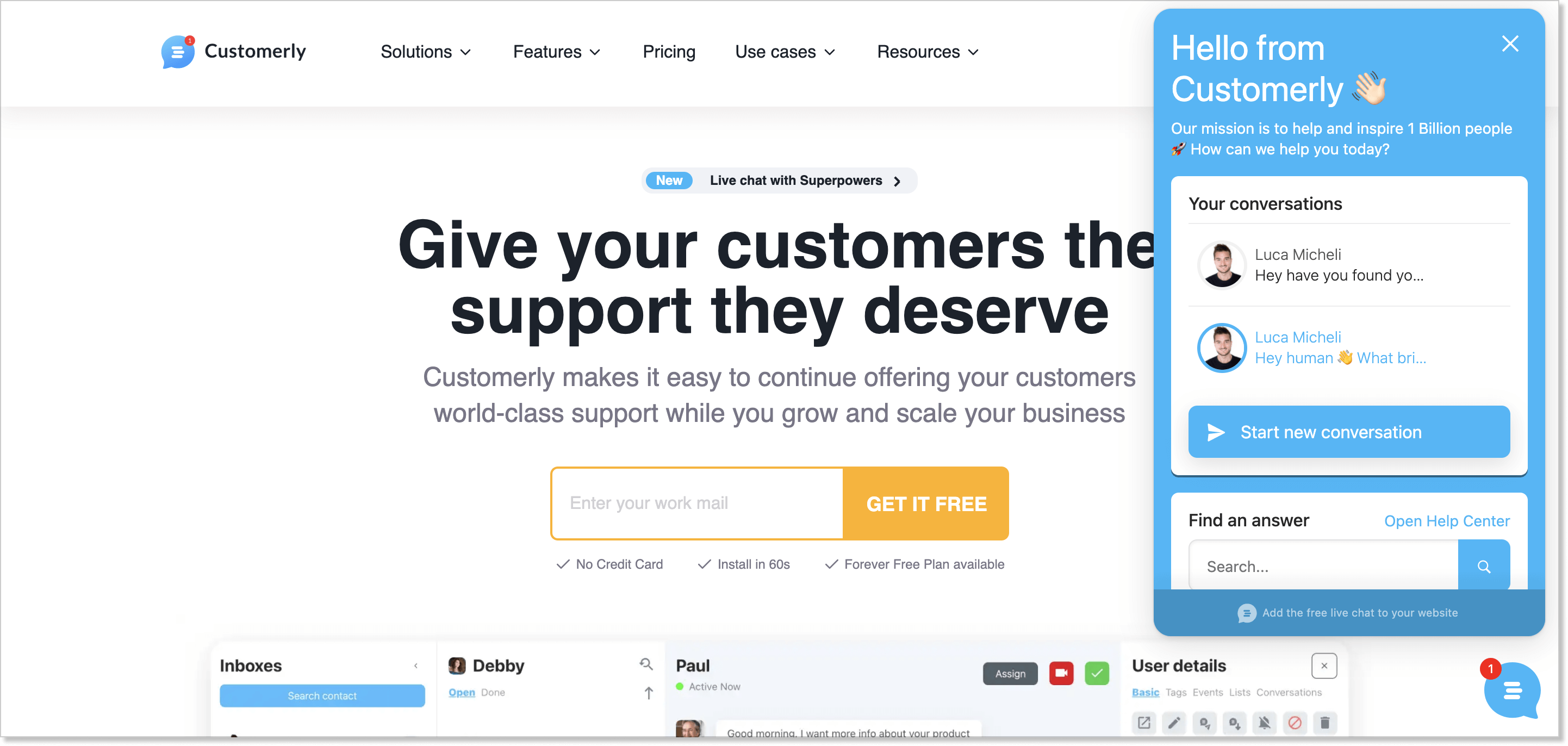 Customerly homepage with a live chat widget