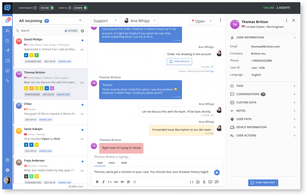 HelpCrunch shared inbox and live chat dashboard