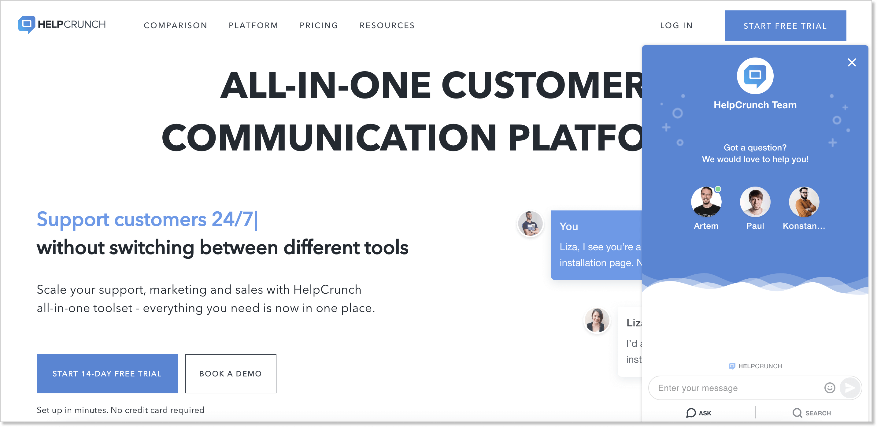 HelpCrunch homepage with a live chat widget