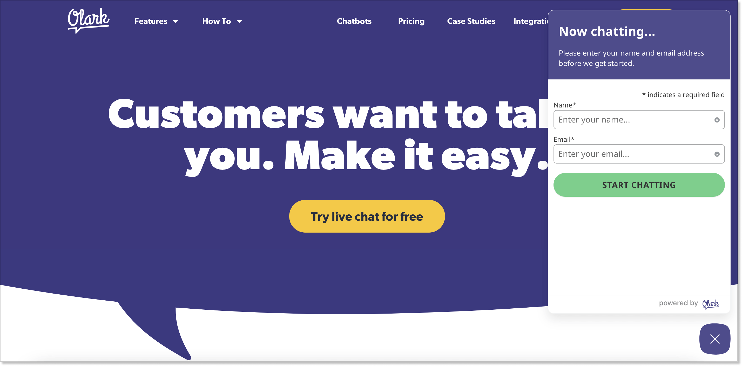 Olark homepage with a live chat widget