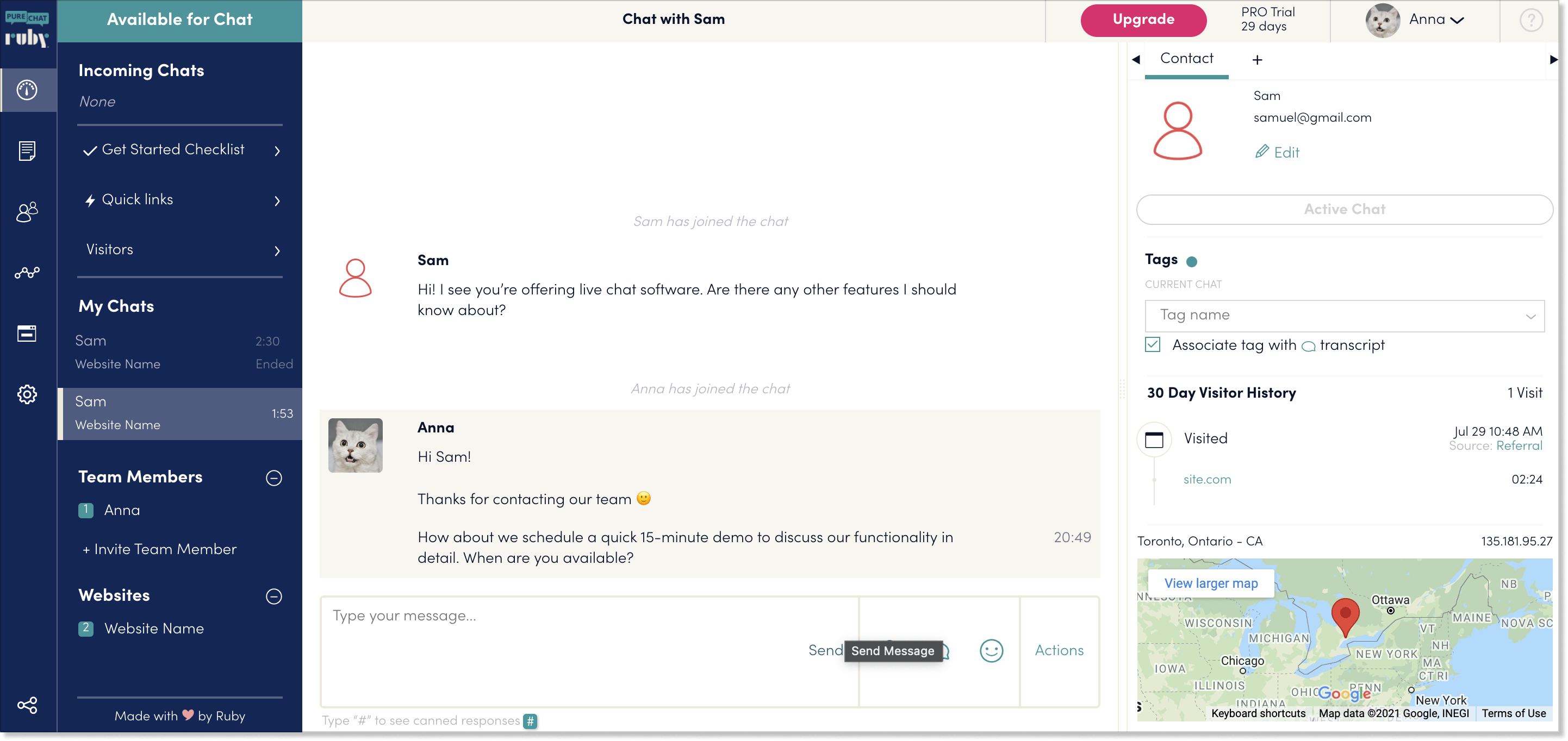 Pure Chat live chat dashboard