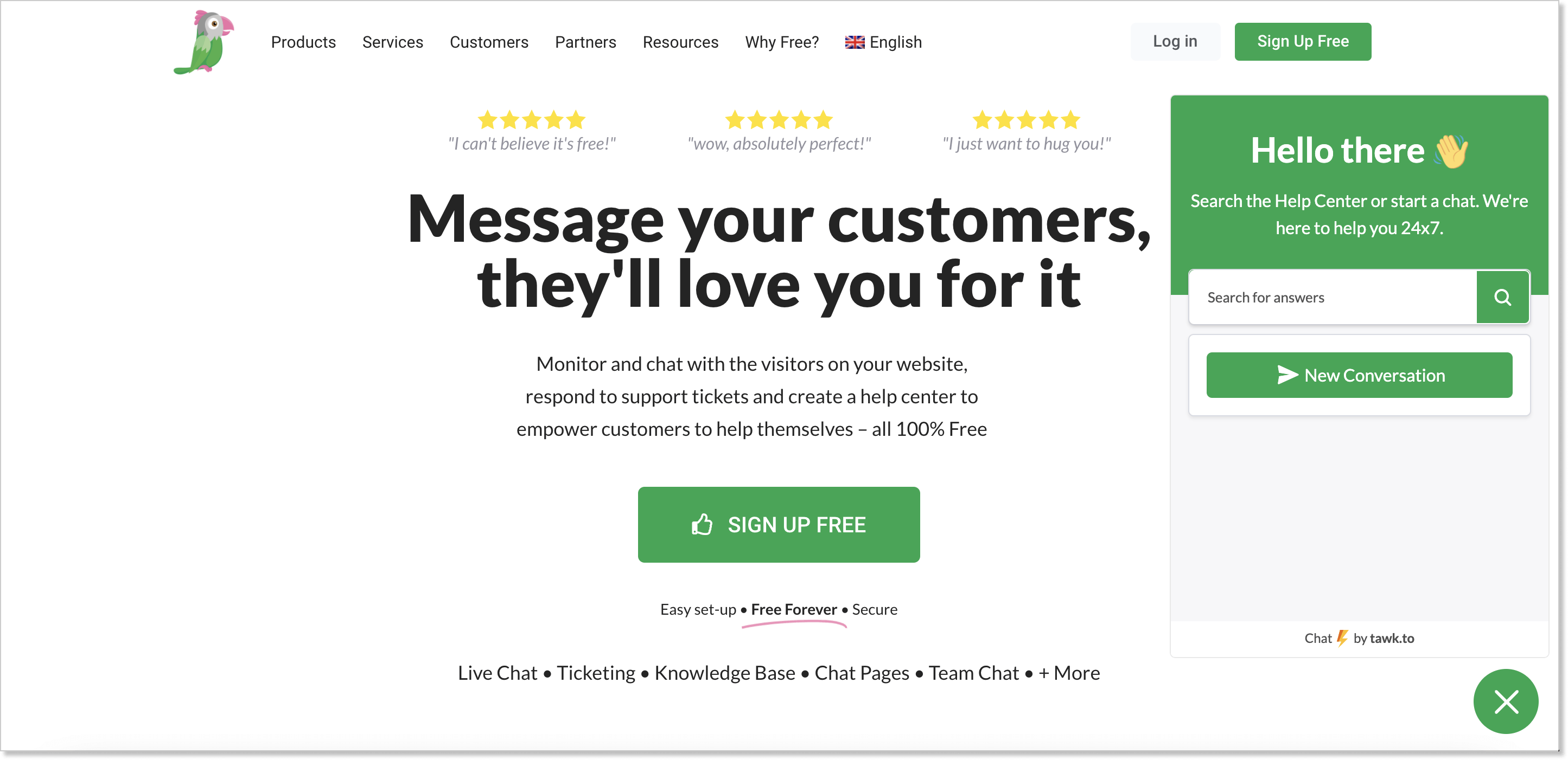 Tawk homepage with a live chat widget