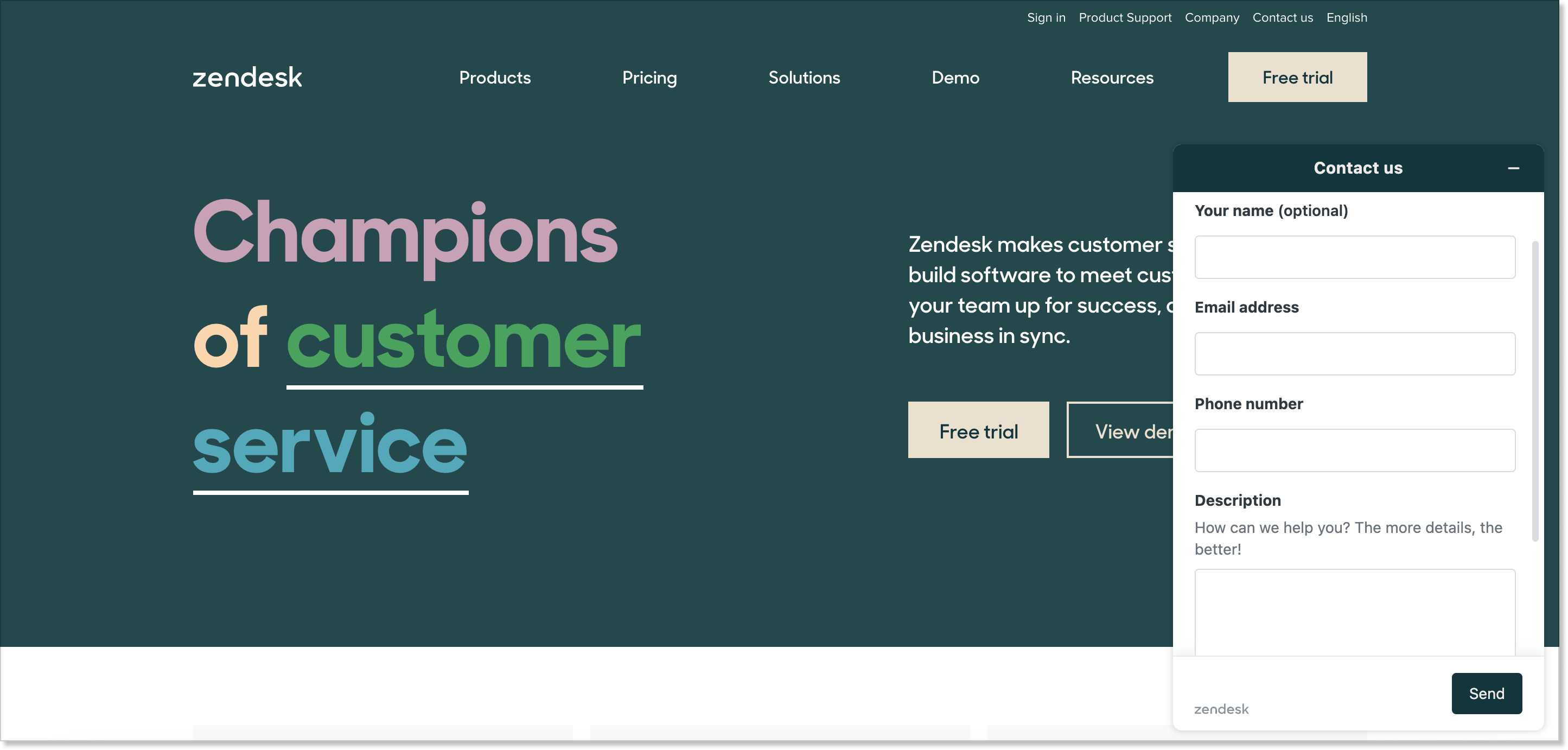 Zendesk homepage with a live chat widget