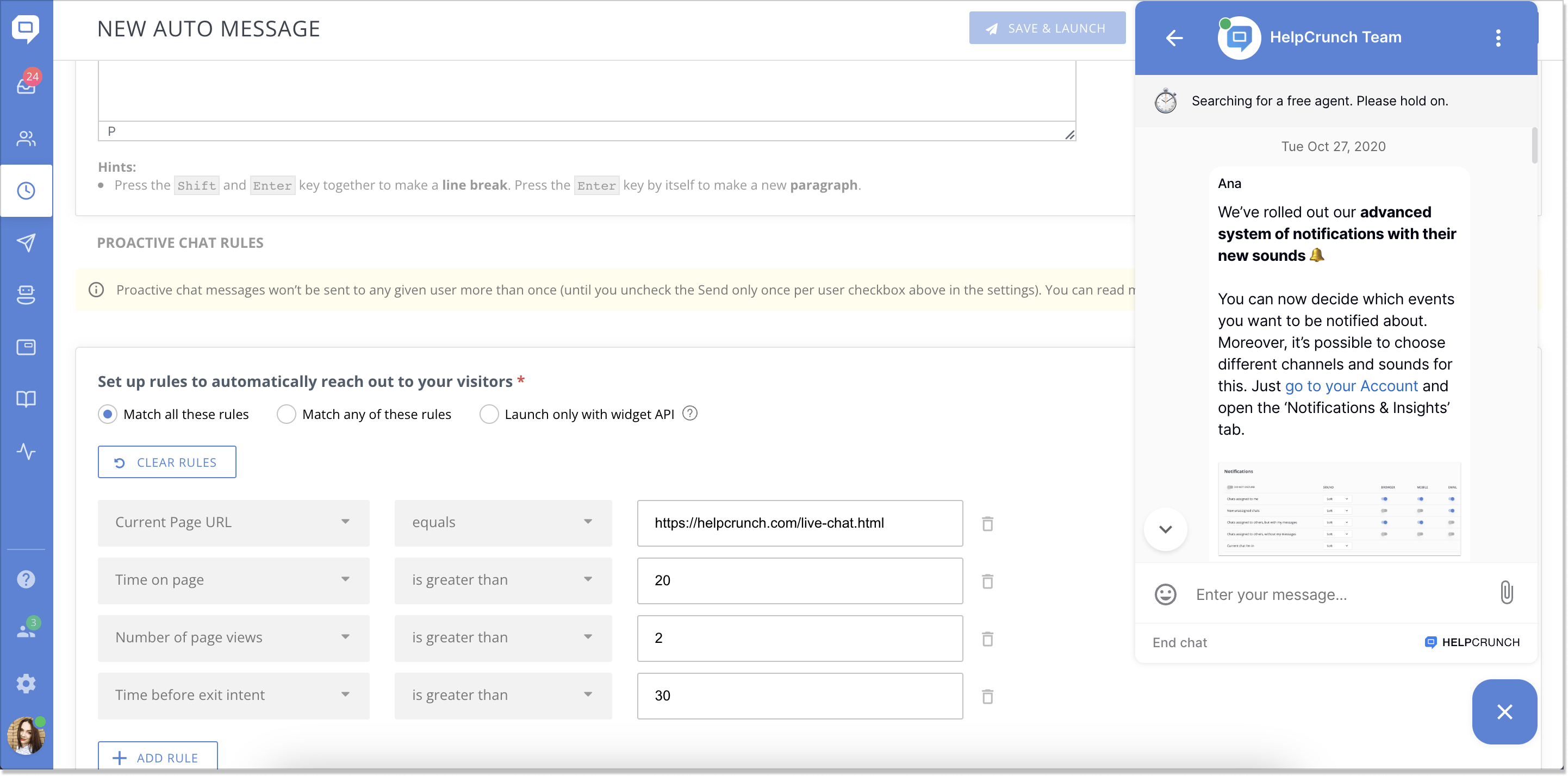 new auto message in HelpCrunch (set up rules)