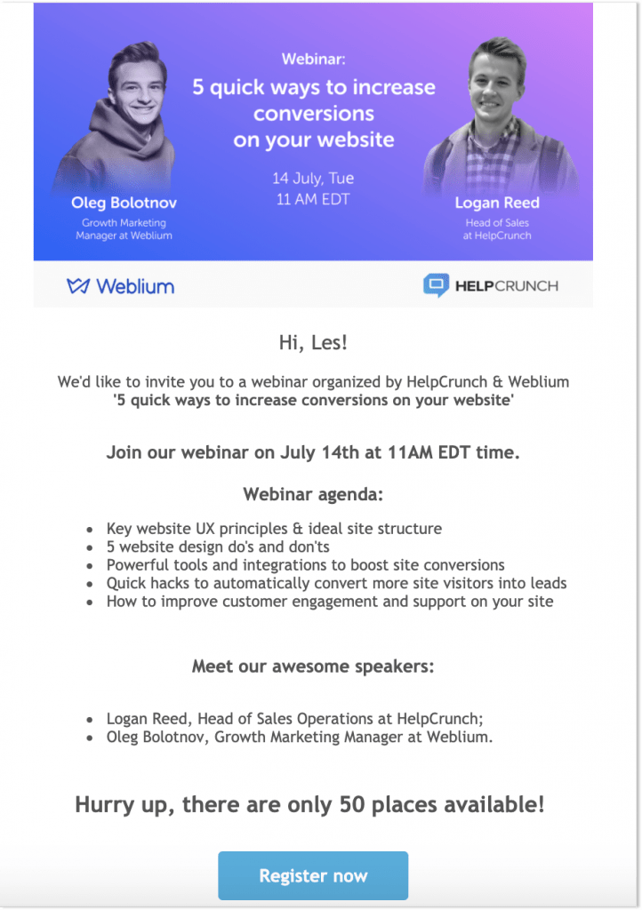 helpcrunch webinar invitation email broadcast