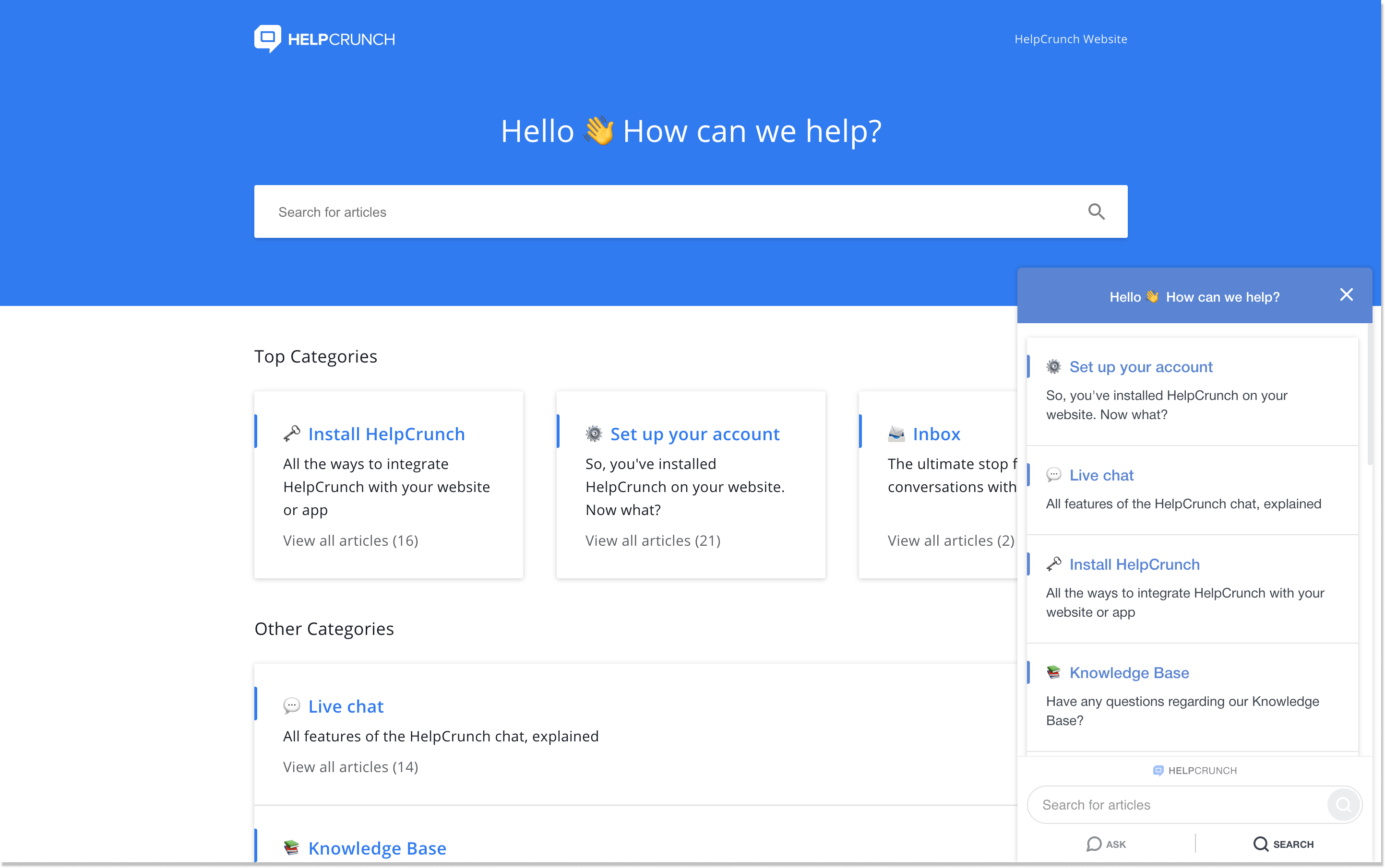 HelpCrunch knowledge base new widget