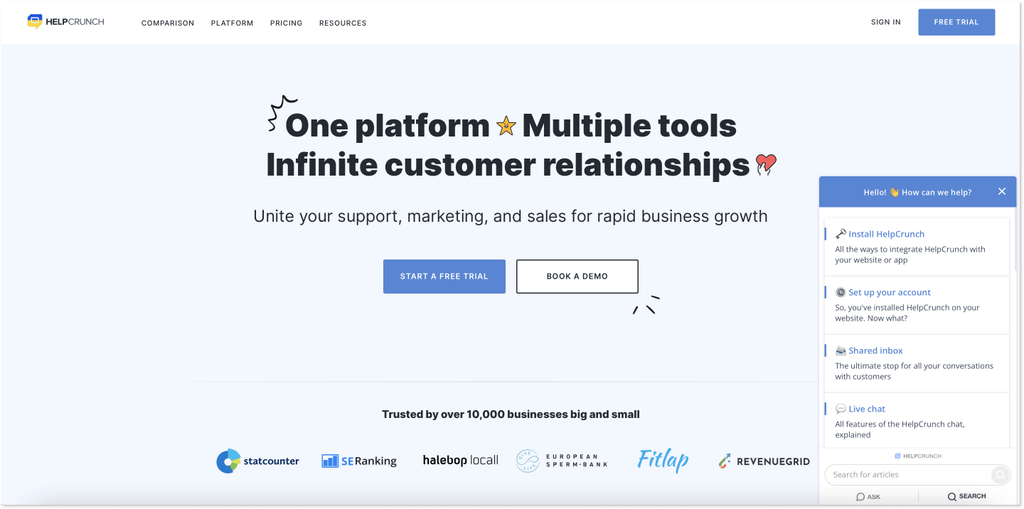 HelpCrunch homepage with a knowledge base in the live chat widget
