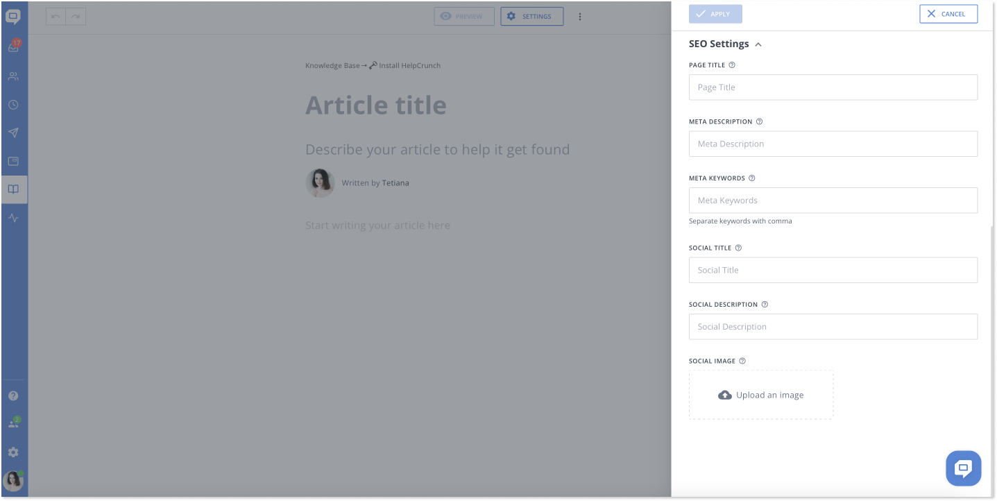 HelpCrunch knowledge base - SEO settings