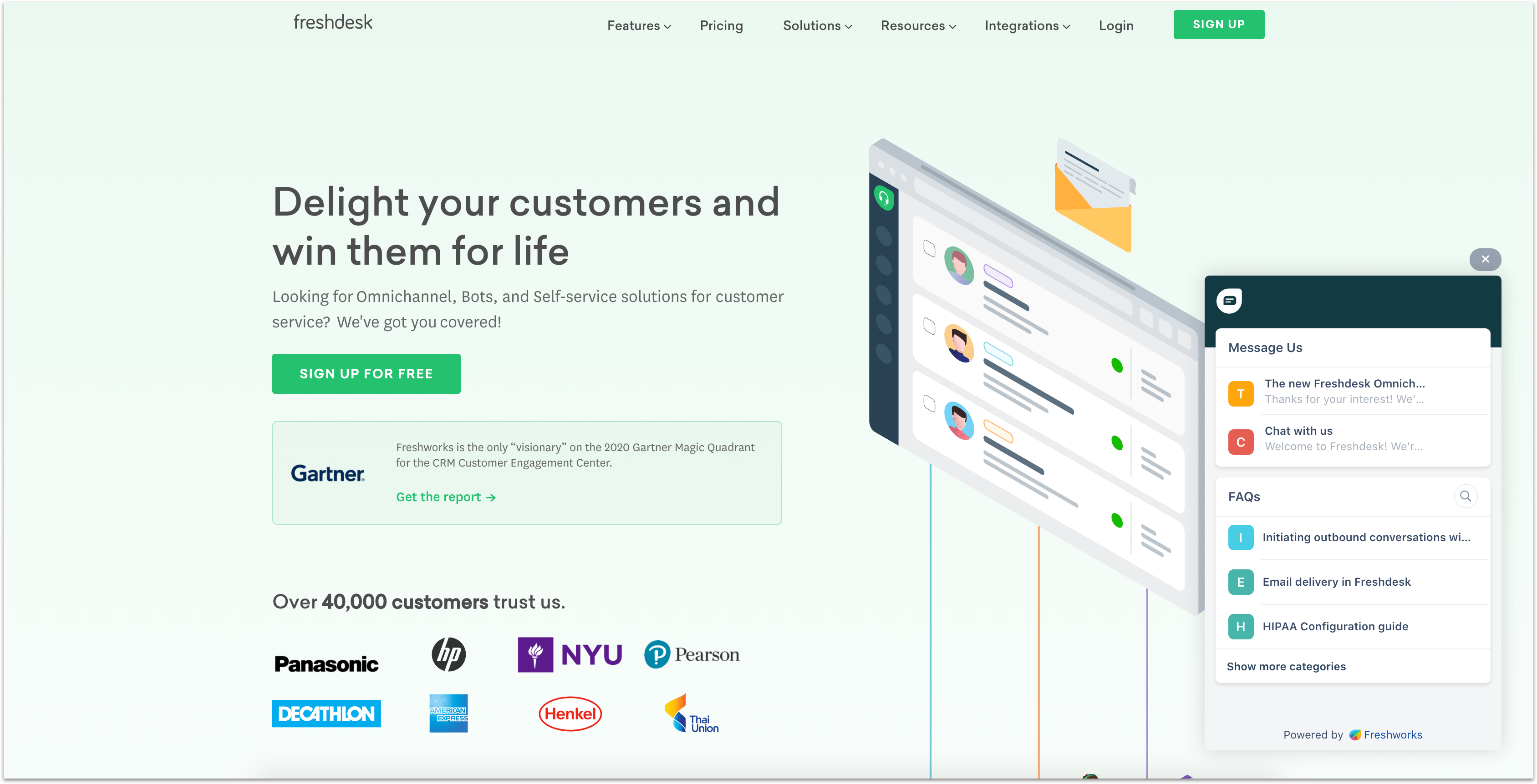 Freshdesk support app homepage with live chat