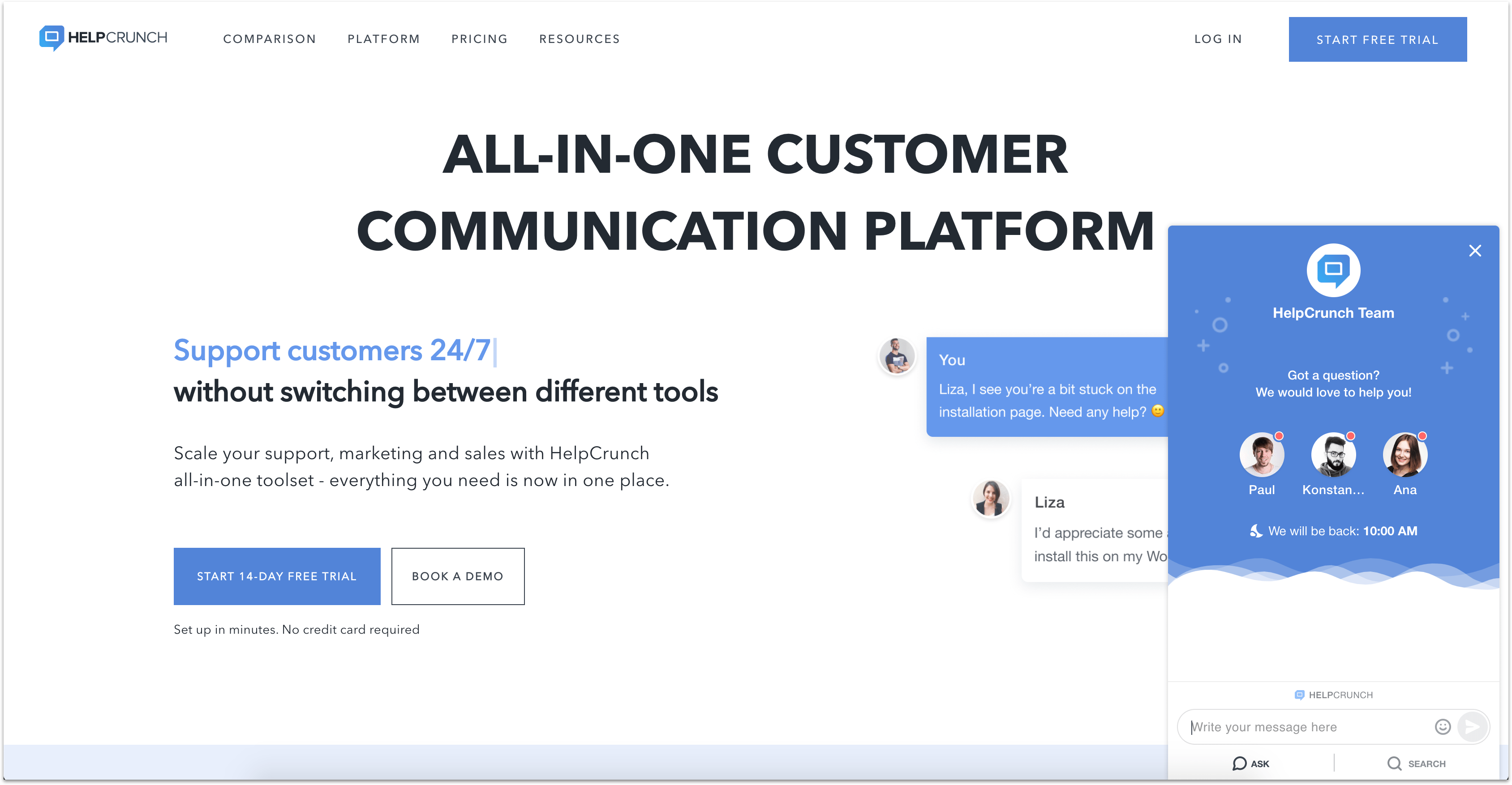 HelpCrunch support app homepage with live chat