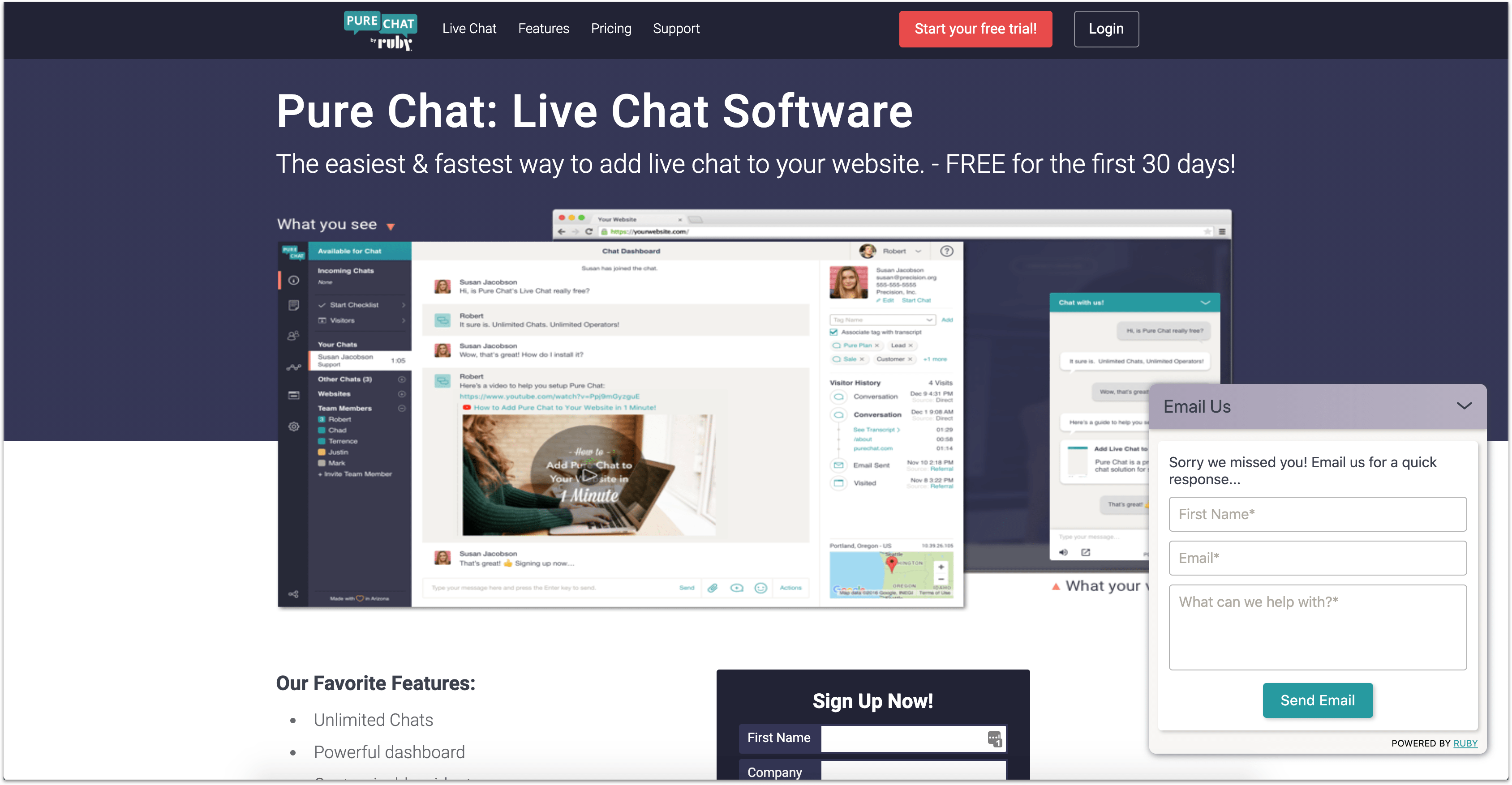 Pure Chat support app homepage with live chat