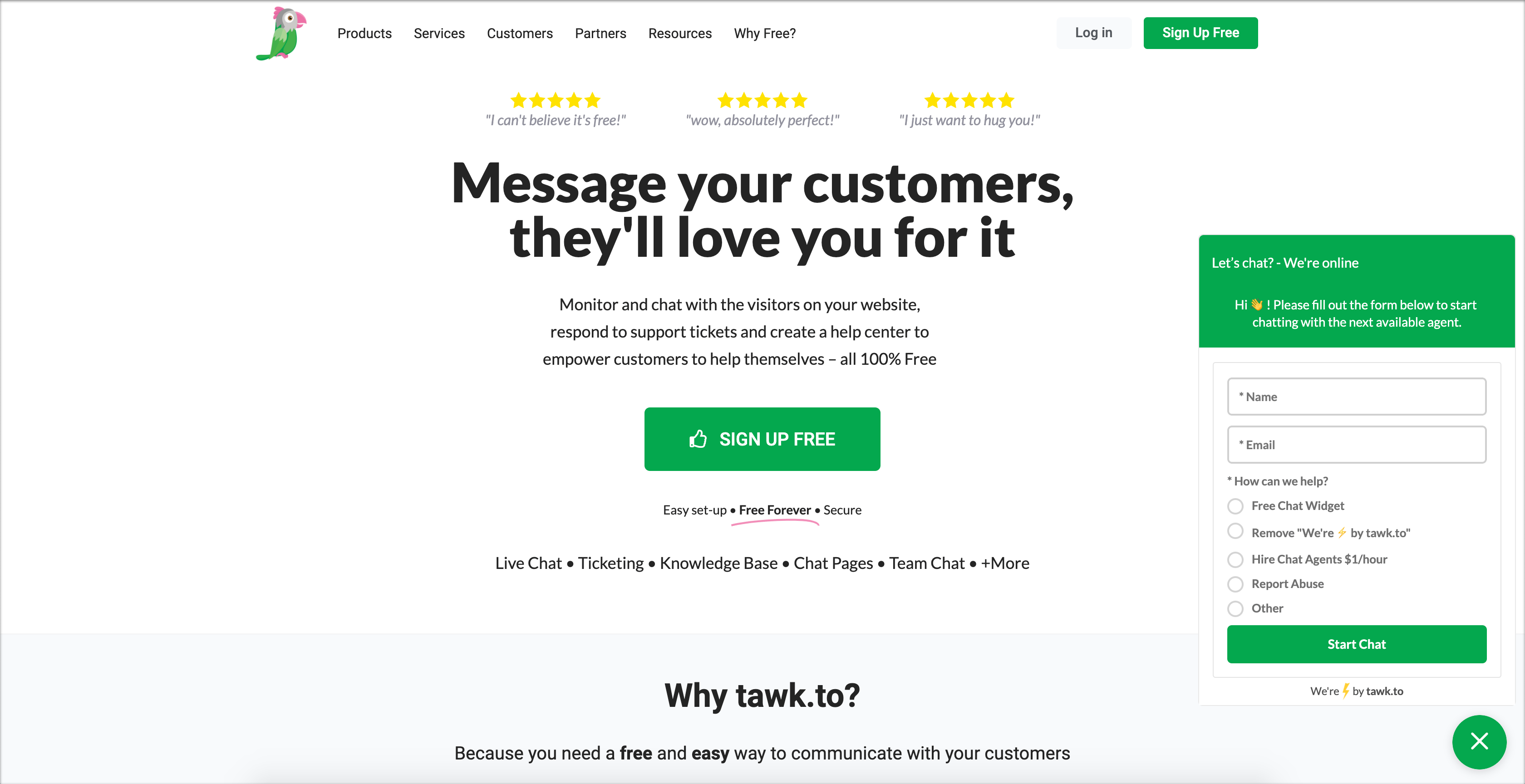 Tawk support app homepage with live chat