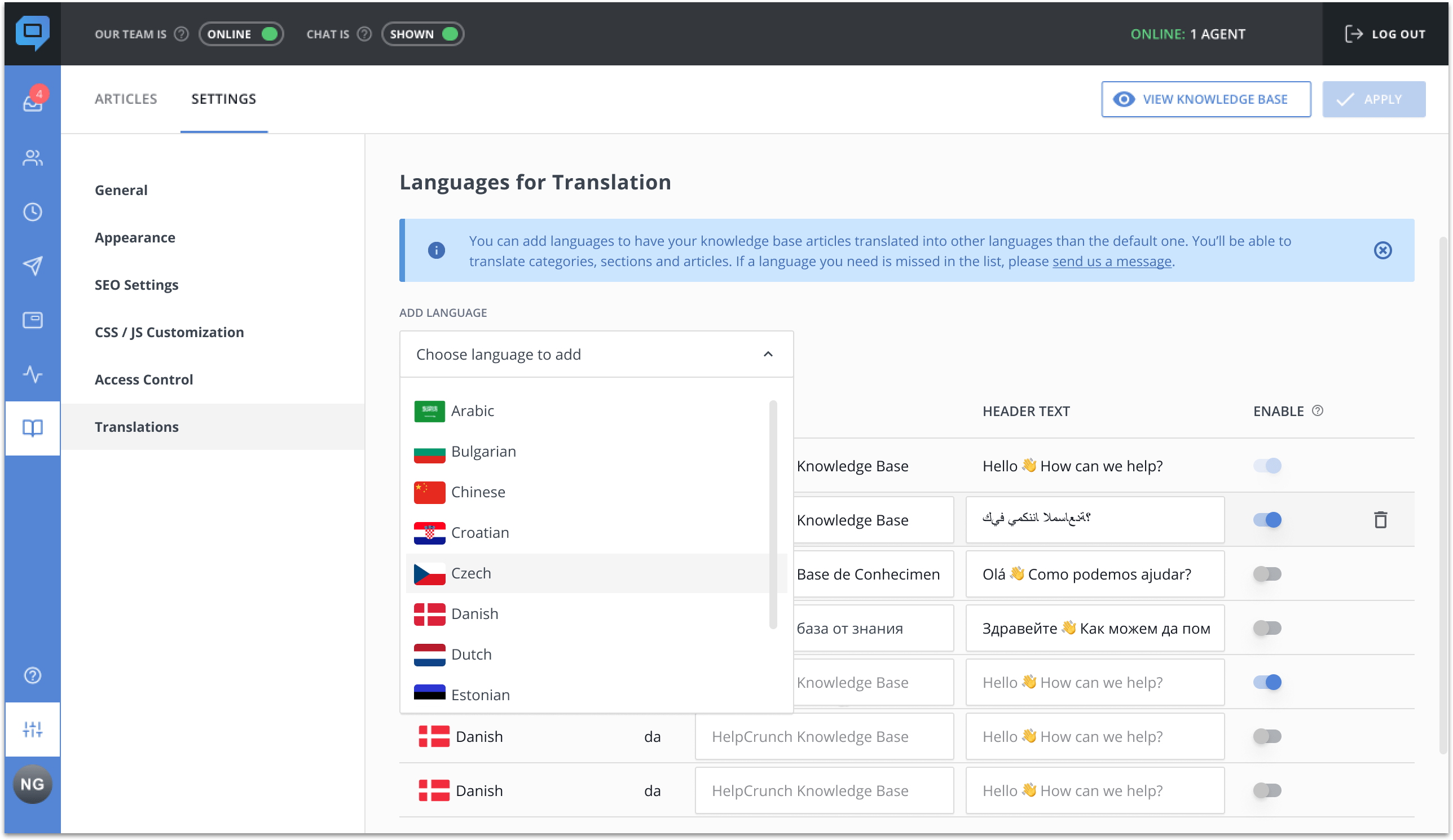 Multilingual knowledge base settings