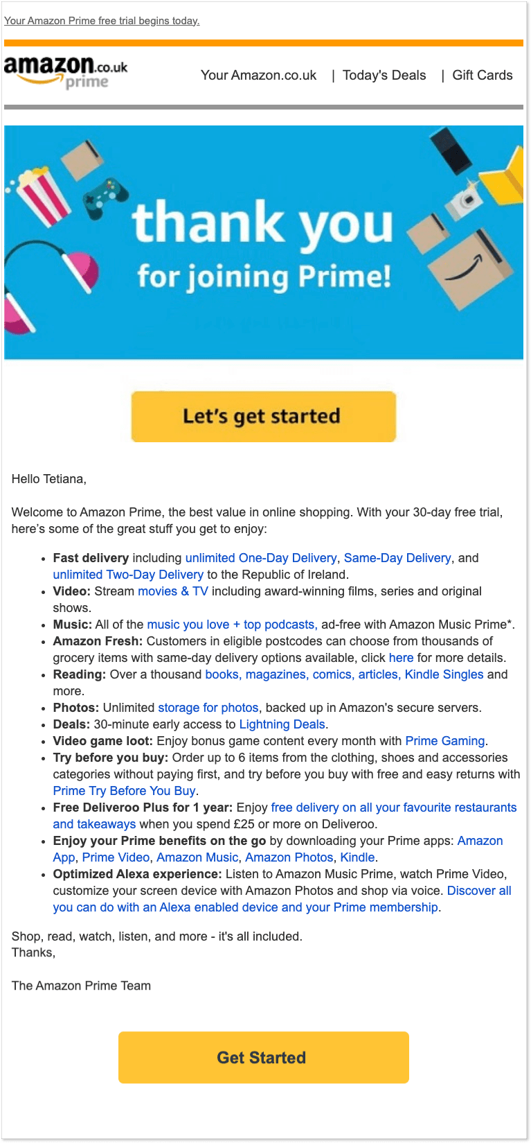 Welcome message by Amazon Prime