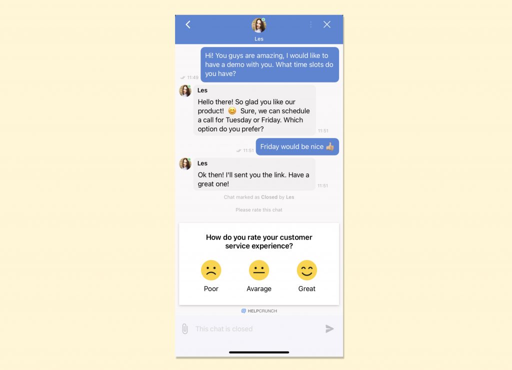 helpcrunch in app chat rating