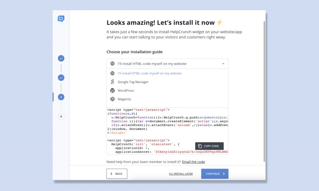 HelpCrunch live chat button installation wizard step3