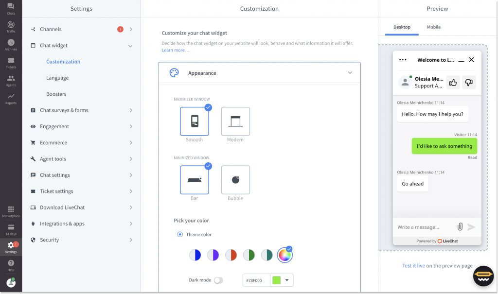 LiveChat live chat widget customization