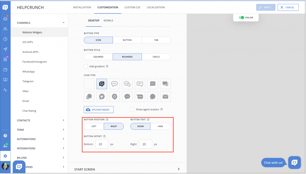 live chat button - customization in HelpCrunch
