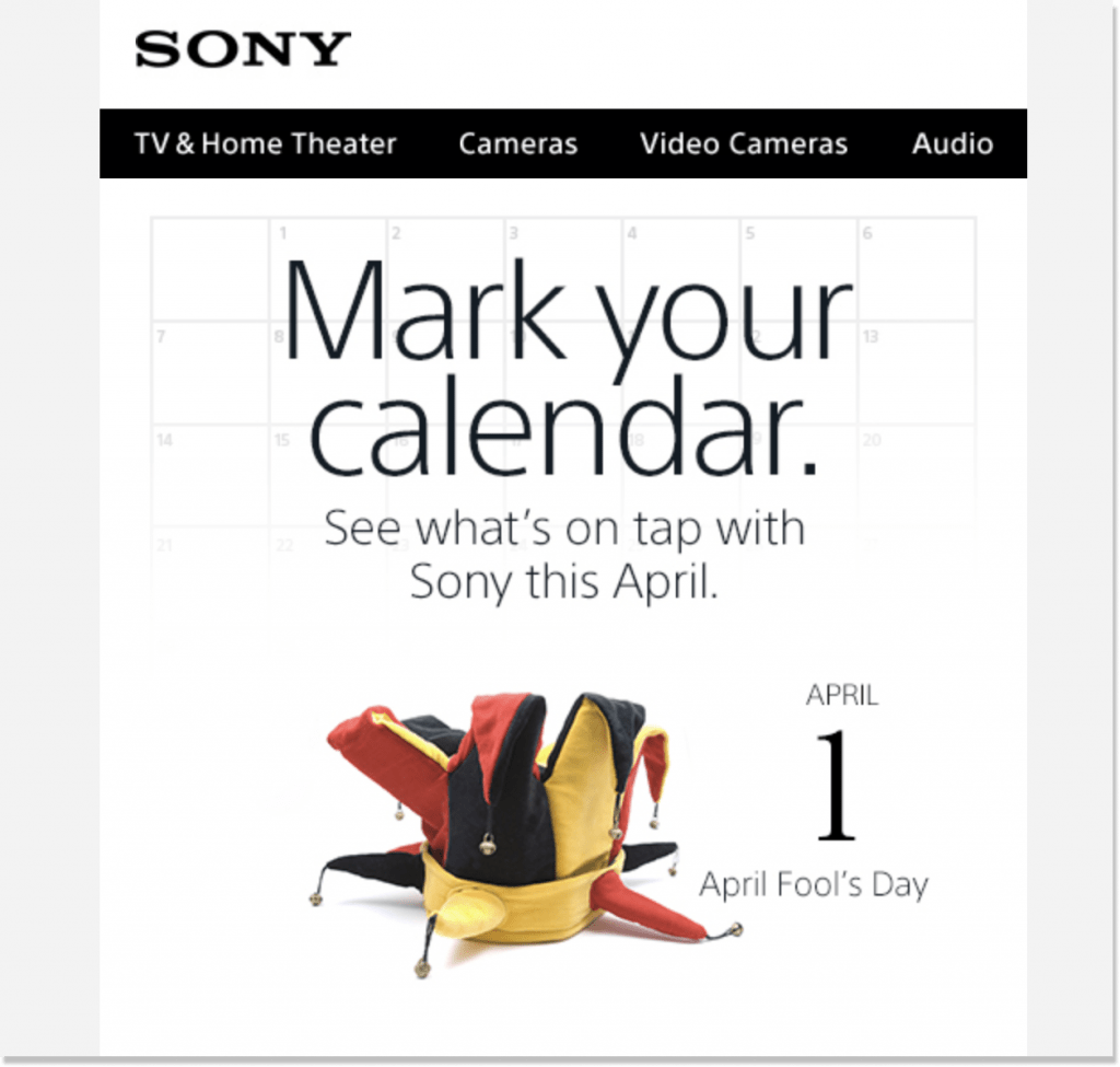 Sony "Mark your calendar" newsletter