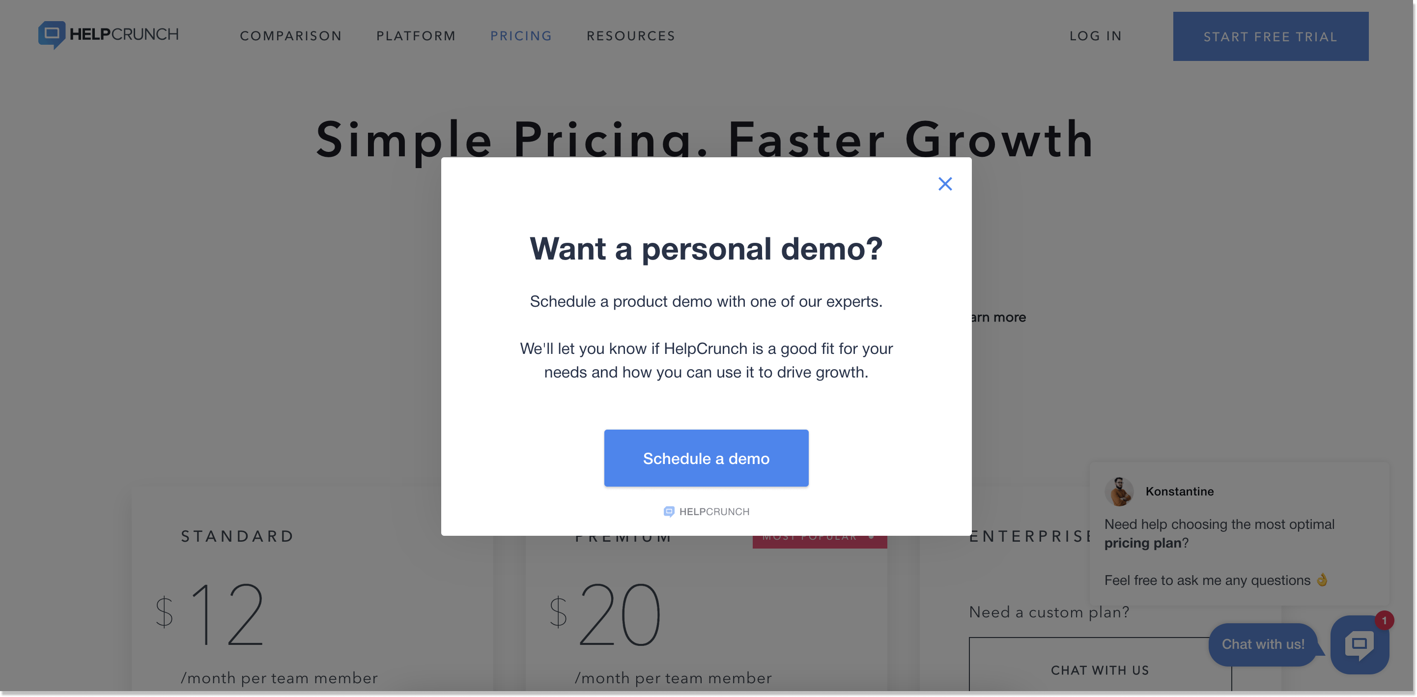 HelpCrunch pricing page popup