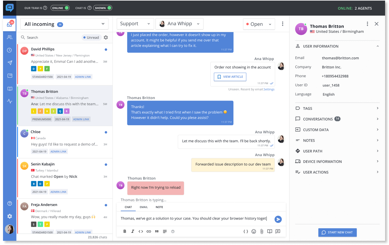 HelpCrunch team inbox for managing live chat support