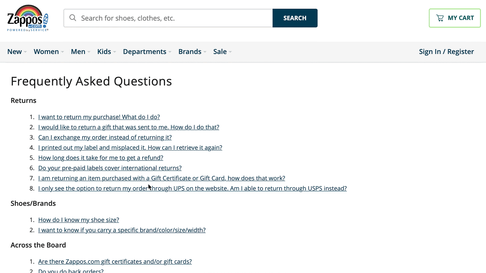 FAQ section at Zappos