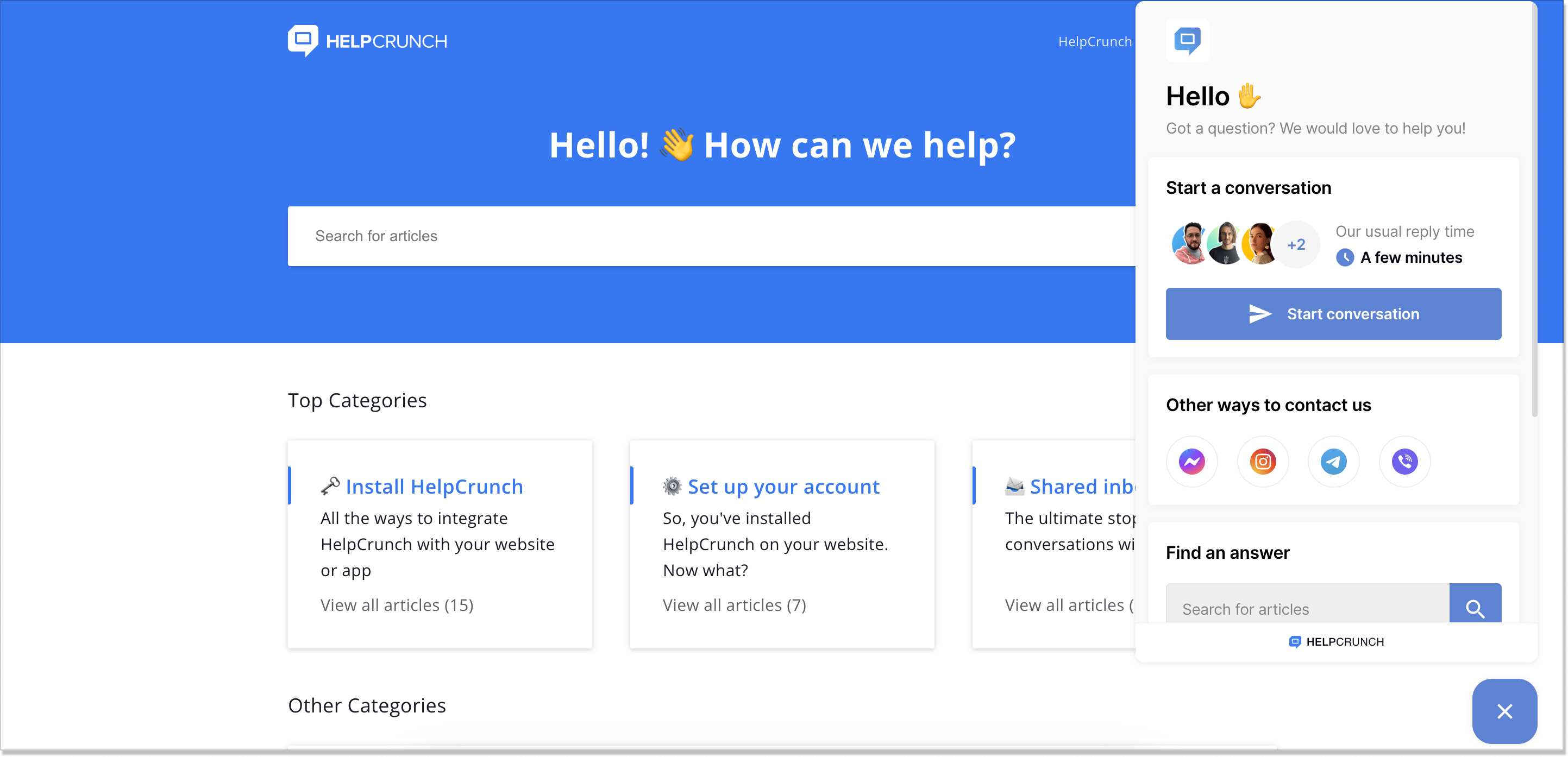 HelpCrunch knowledge base_widget open (online)