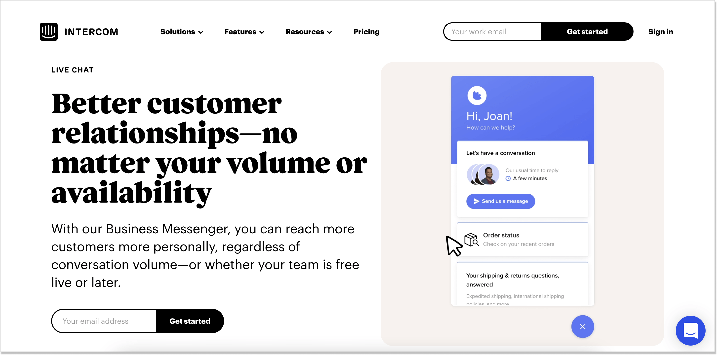 Intercom live chat landing page