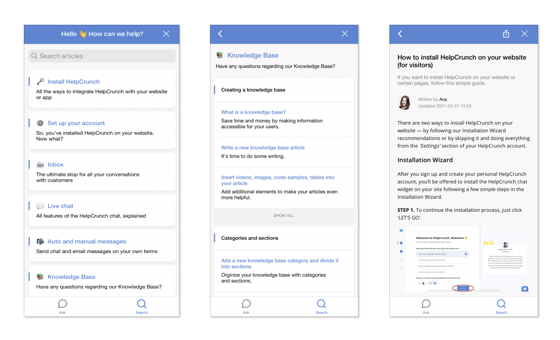 The HelpCrunch Knowledge Base in the mobile app