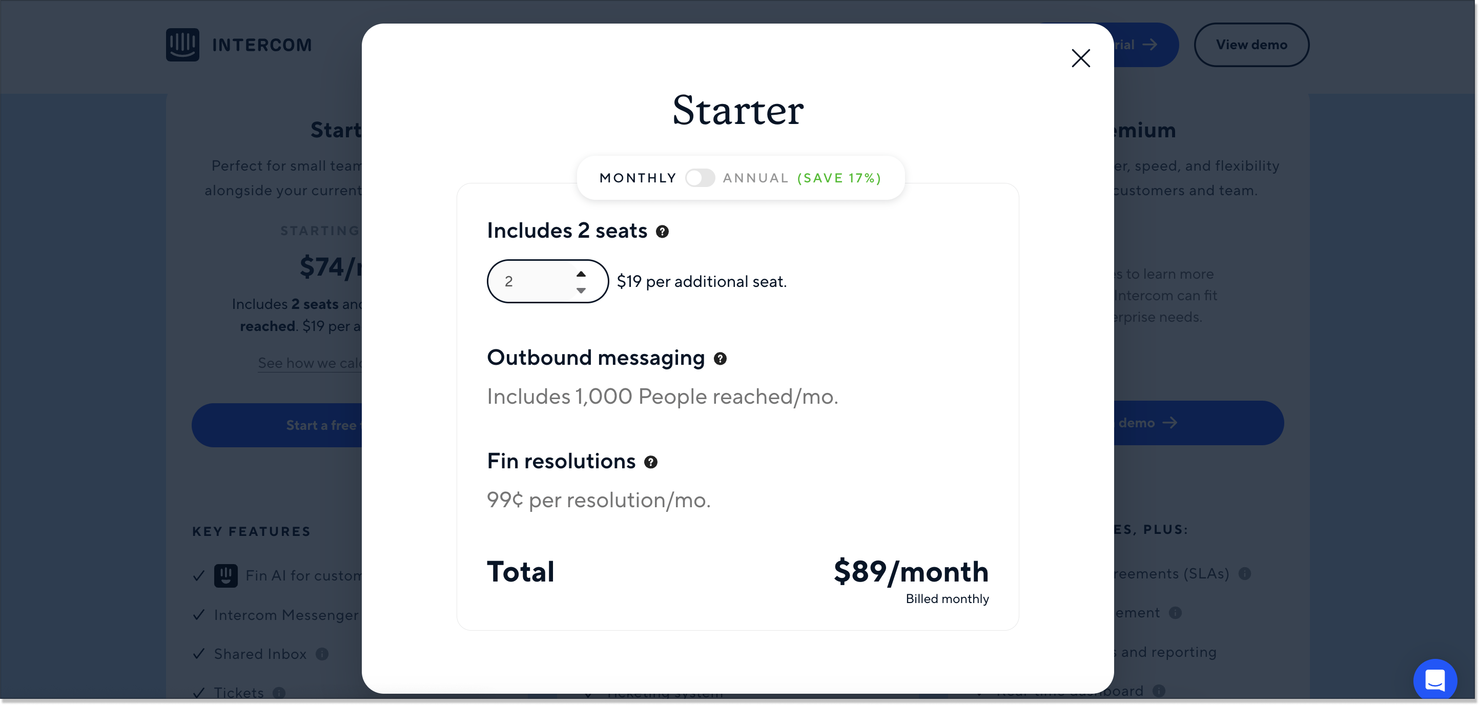 intercom price calculation for starter