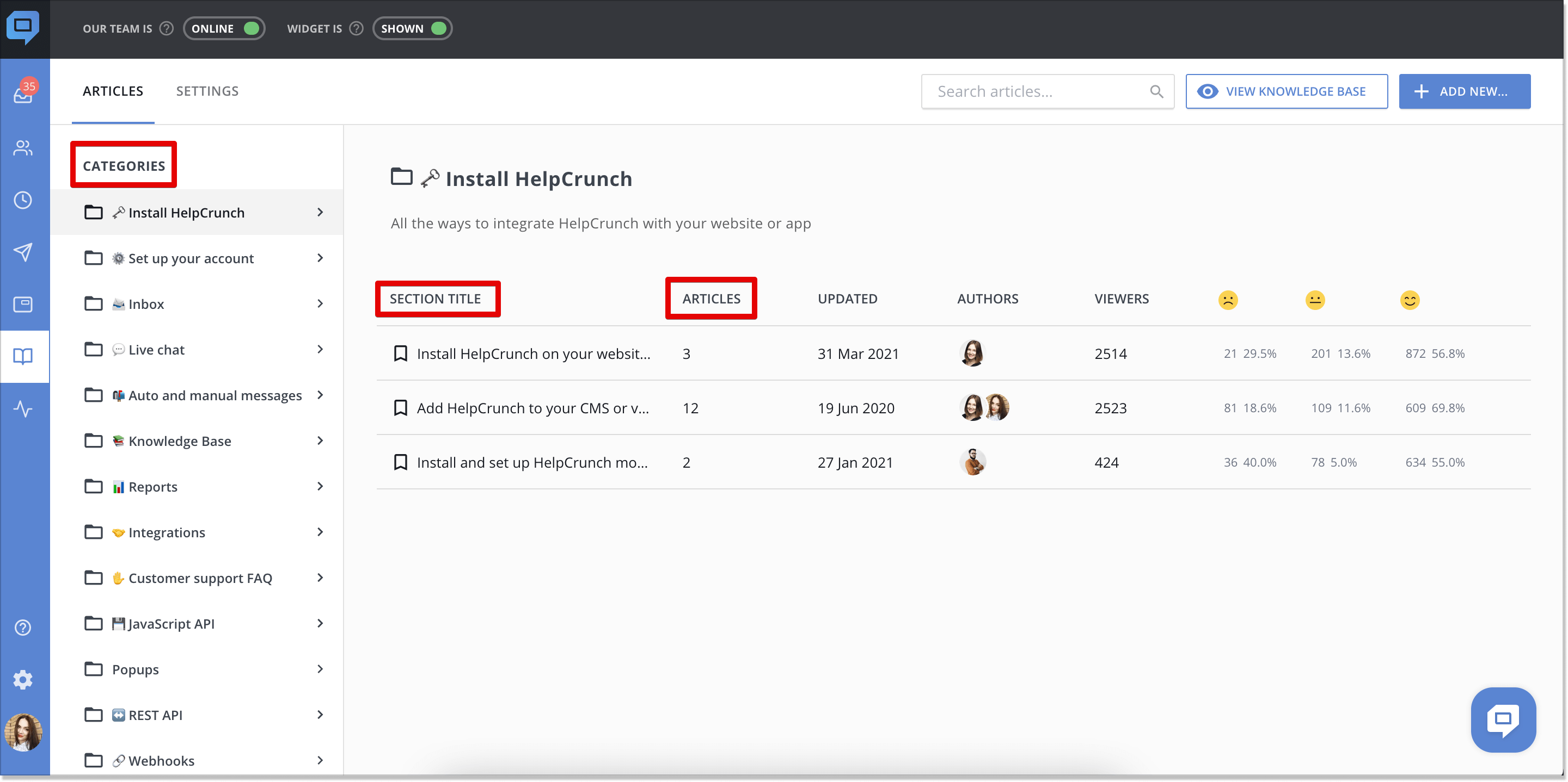 HelpCrunch knowledge base informational hierarchy
