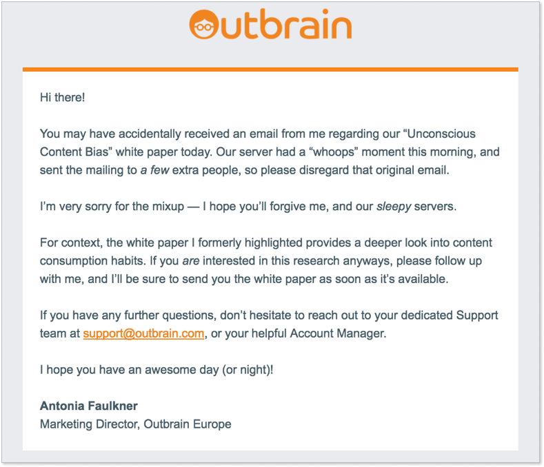 Outbrain apology email