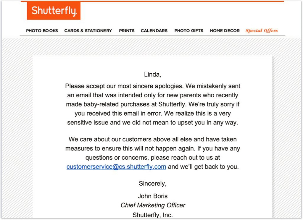 Shutterfly apology email