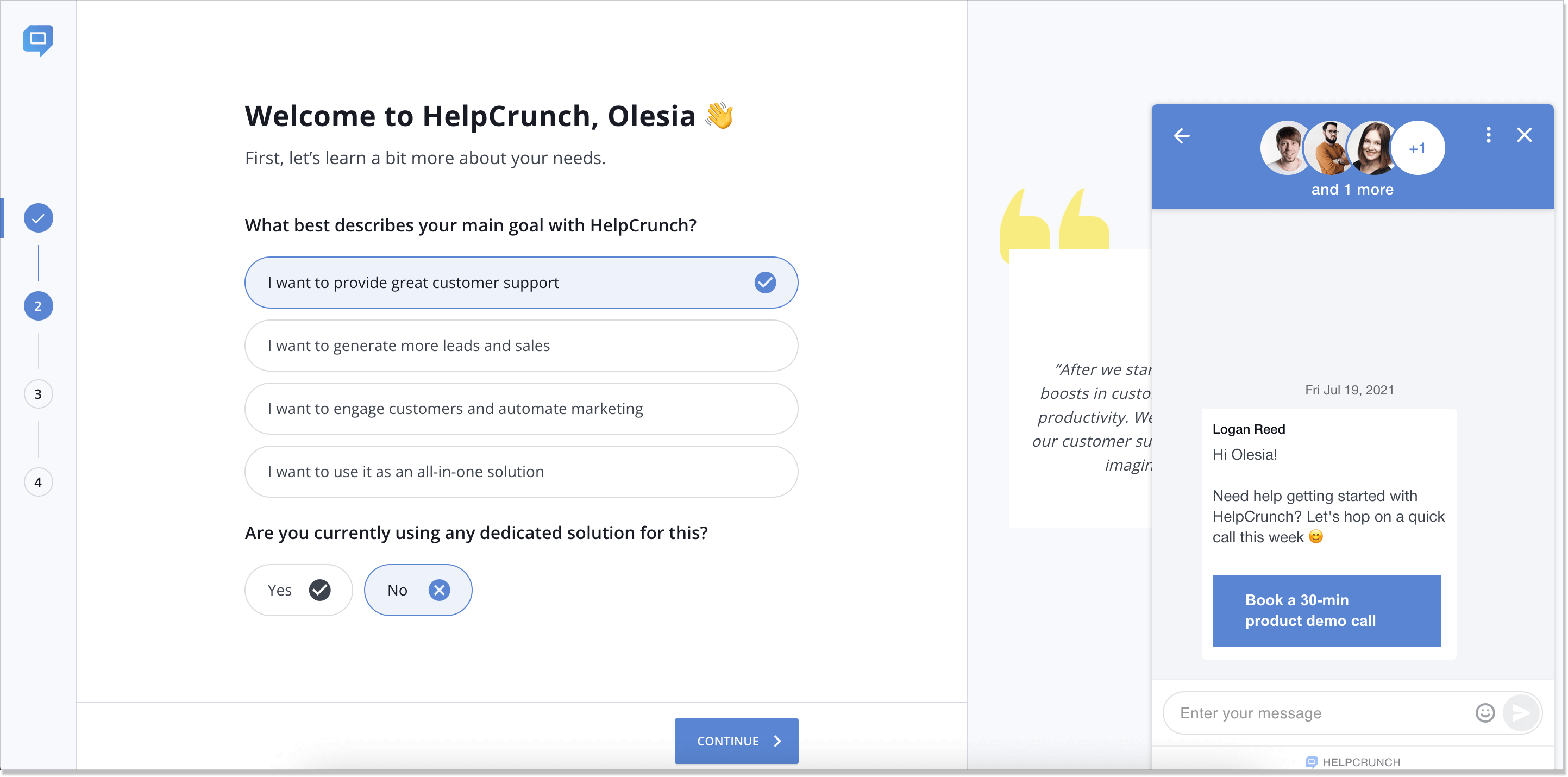 helpcrunch wizard (proactive in-app message)