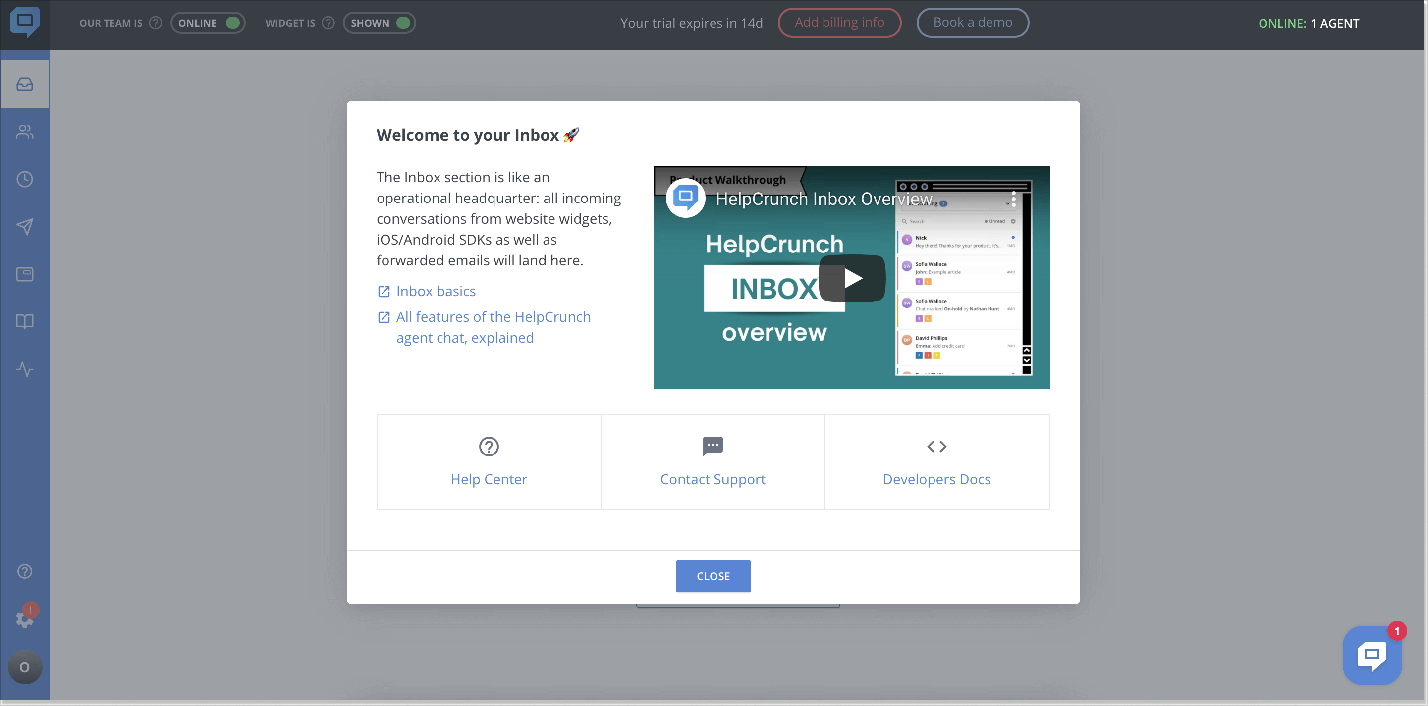 HelpCrunch inbox welcome modal